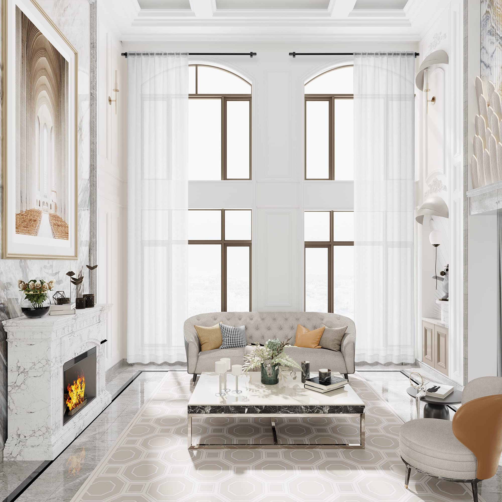 MASWOND Extra Long Faux Linen Sheer Curtain, High Ceilings, Rod Pocket Translucent Voile Sheer Breathable Curtain Panels for Living Room, Custom Made 16ft Length, 50" W x 192" L, White, 1 Panel