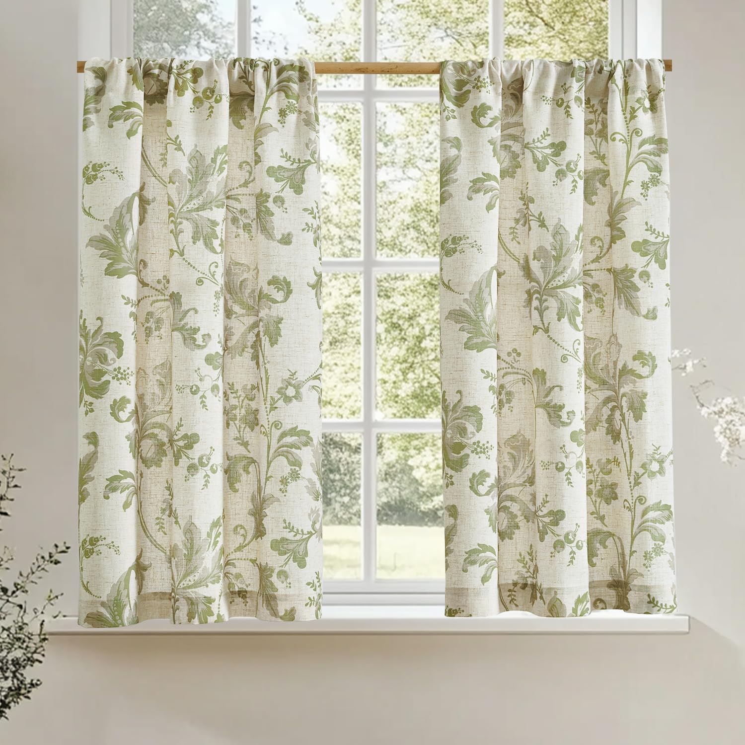 jinchan Linen Kitchen Curtains 24 Inch Vintage Floral Tier Curtains Farmhouse Cottage Cafe Rod Pocket Country Small Window for Laundry Room Bathroom RV 2 Panels Blue on Beige