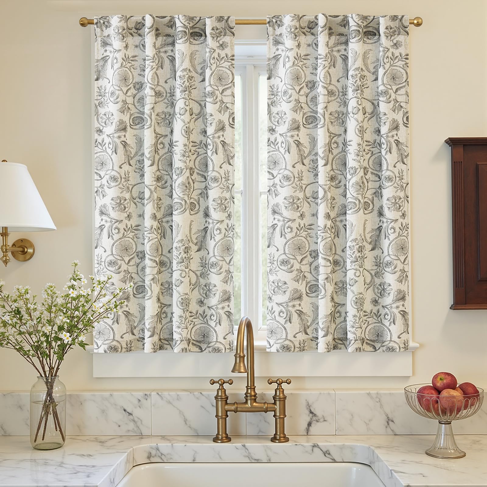 jinchan Linen Kitchen Curtains 24 Inch Vintage Floral Tier Curtains Farmhouse Cottage Cafe Rod Pocket Country Small Window for Laundry Room Bathroom RV 2 Panels Blue on Beige