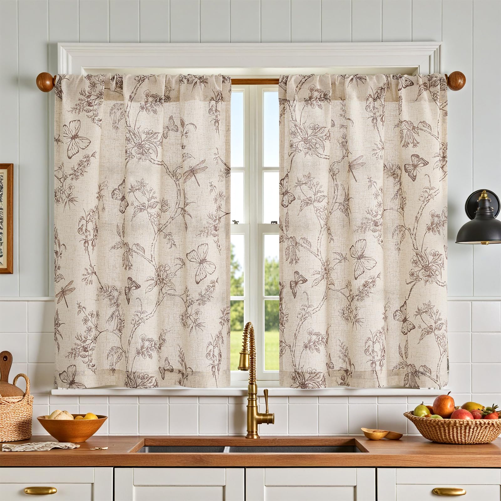 jinchan Linen Kitchen Curtains 24 Inch Vintage Floral Tier Curtains Farmhouse Cottage Cafe Rod Pocket Country Small Window for Laundry Room Bathroom RV 2 Panels Blue on Beige