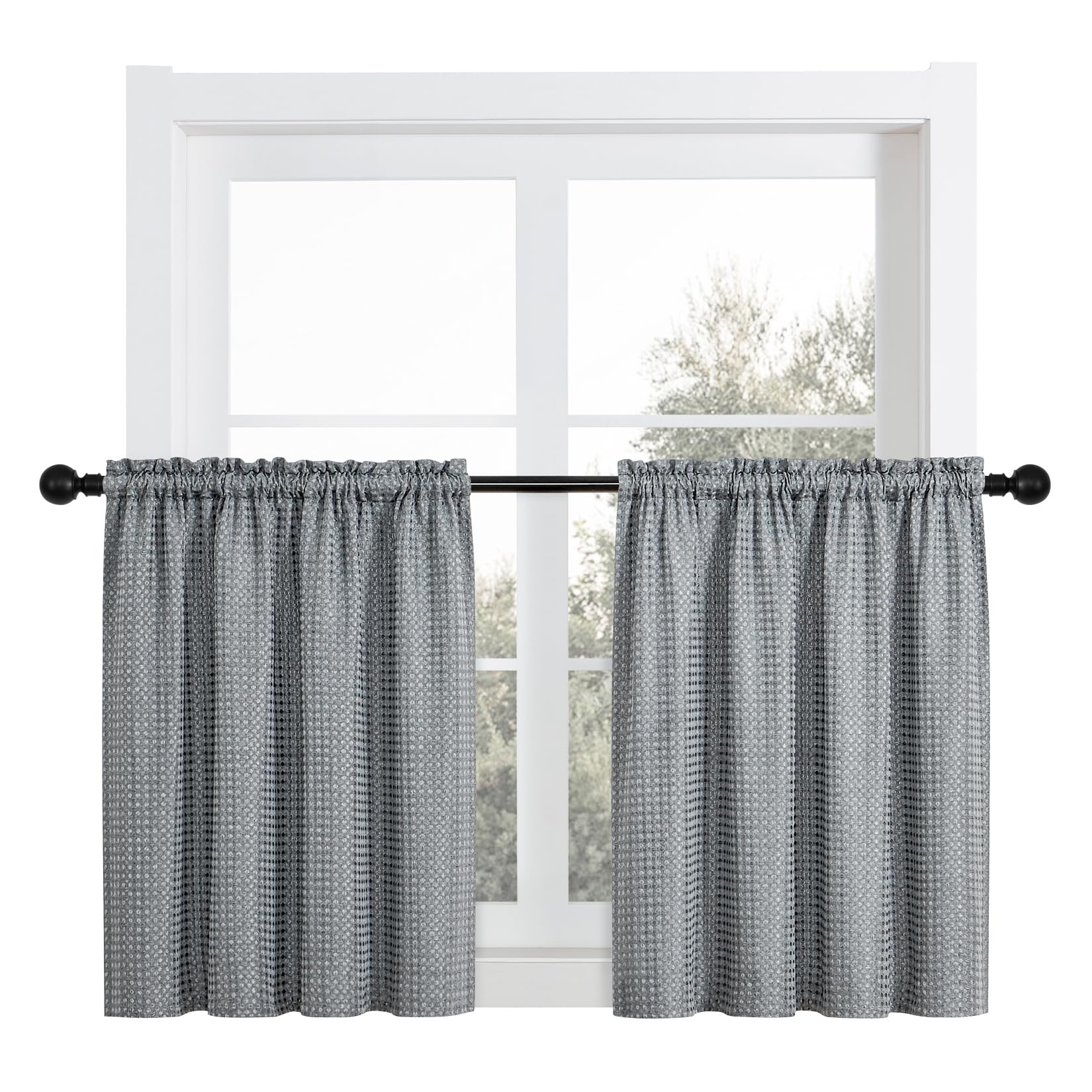 Home Queen White Water Resistant Bathroom Window Curtain, Waffle Textured Half Tier Curtains for Kitchen Cafe, 36" W X 45" L Inches, Set of 2