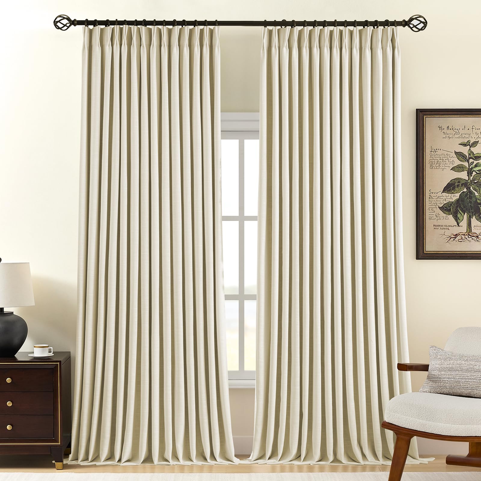 Pinch Pleated Curtains 100% Blackout Linen Curtains 95 Inches Long for Bedroom Living Room, Natural Memory Trained Thermal Insulated Room Darkening Window Pleat Drapes with Hooks, 2 Panels, 40"Wx95"L