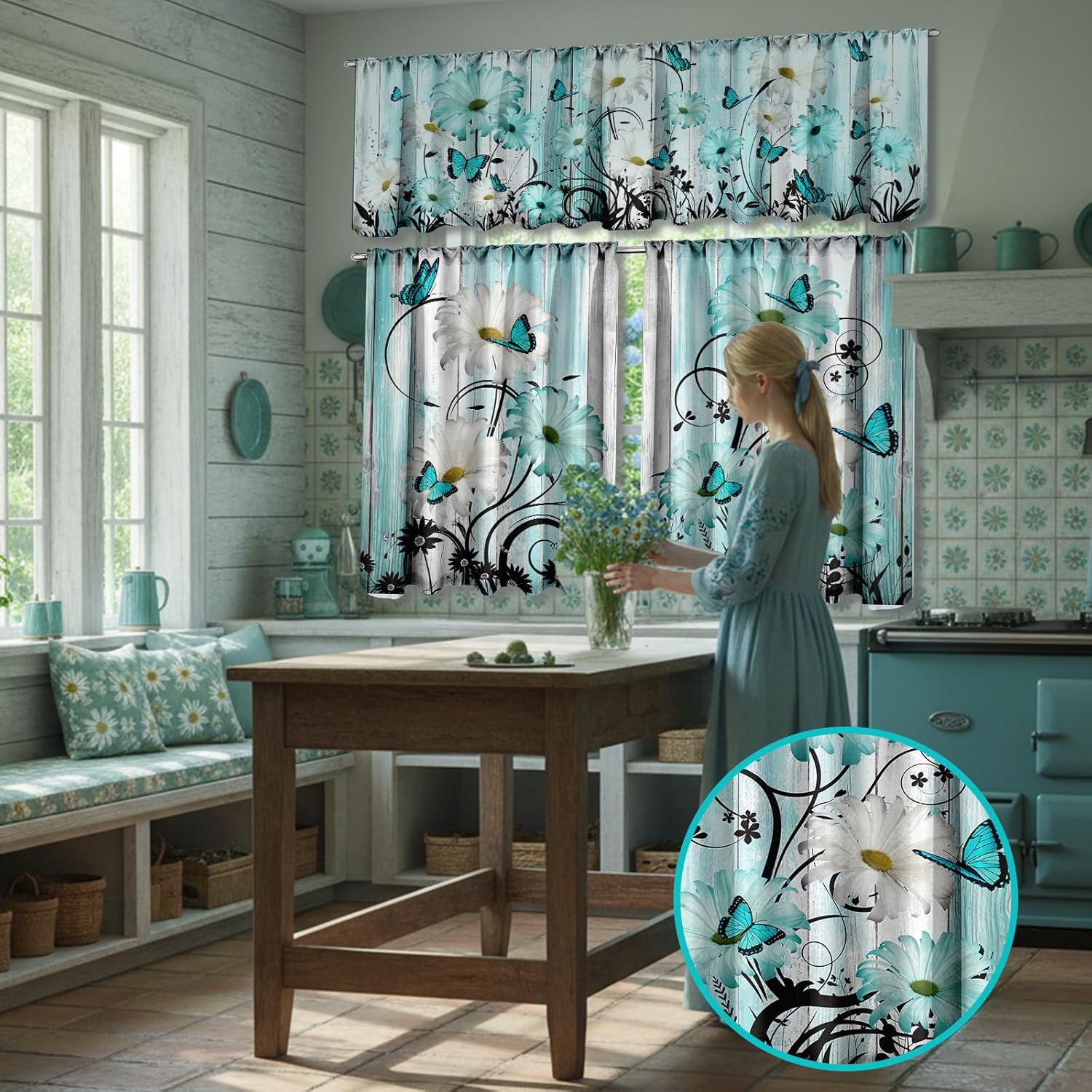 Breling 3 Pcs Teal Daisy Kitchen Curtains Valances and Tiers Set for Windows Spring Daisy Garden Flying Butterflies Boots Blue Decor Short Curtain Set for Bedroom Window Turquoise Decor Party Supplies