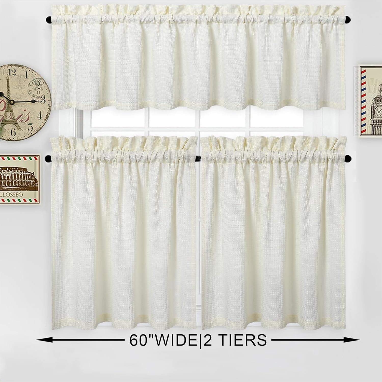 NANAN Bathroom Curtains Window, Waffle Weave Textured Short Tier Curtain, Waterproof Window Covering Kitchen Cafe Curtains - 30" x 36", Ivory, Set of 2