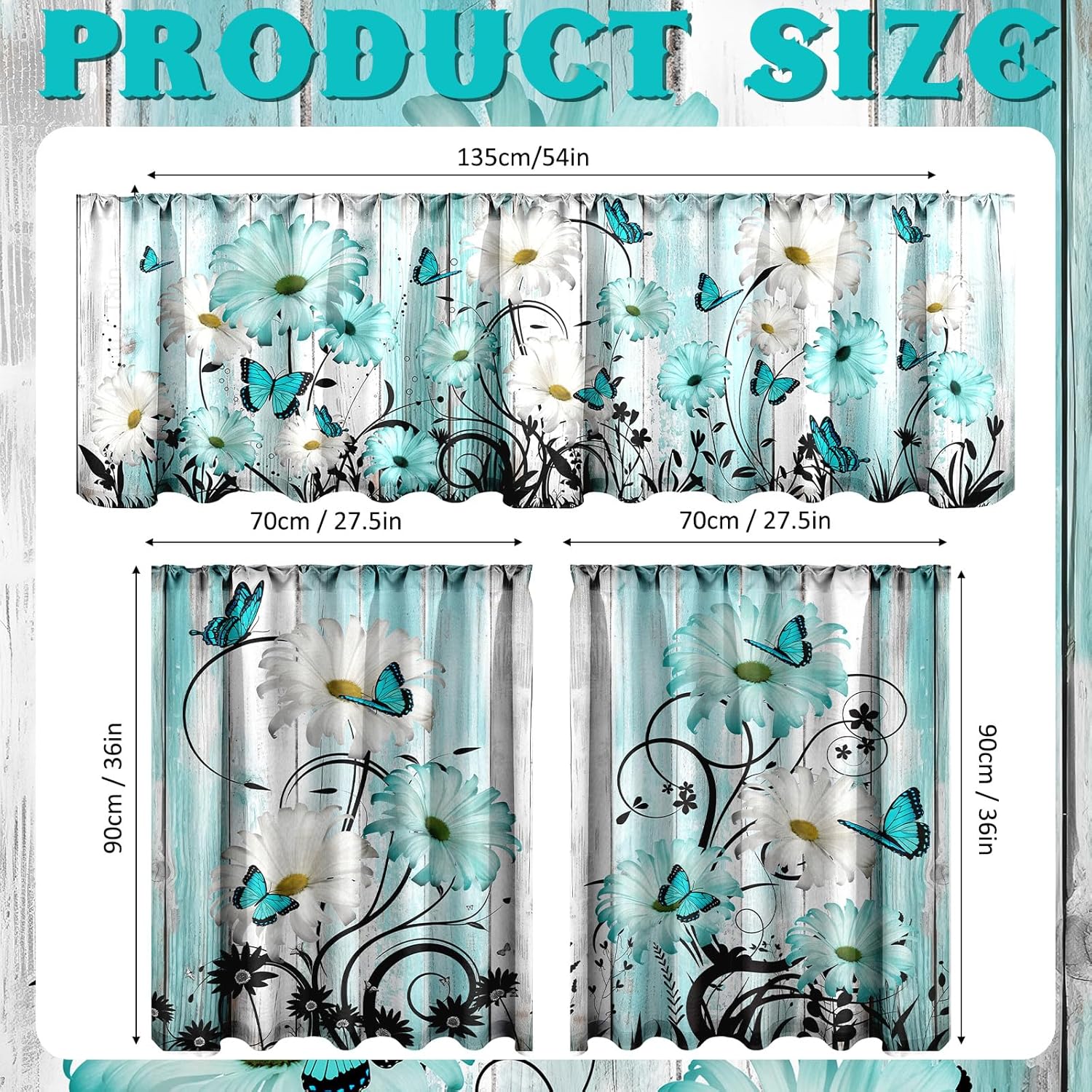 Breling 3 Pcs Teal Daisy Kitchen Curtains Valances and Tiers Set for Windows Spring Daisy Garden Flying Butterflies Boots Blue Decor Short Curtain Set for Bedroom Window Turquoise Decor Party Supplies