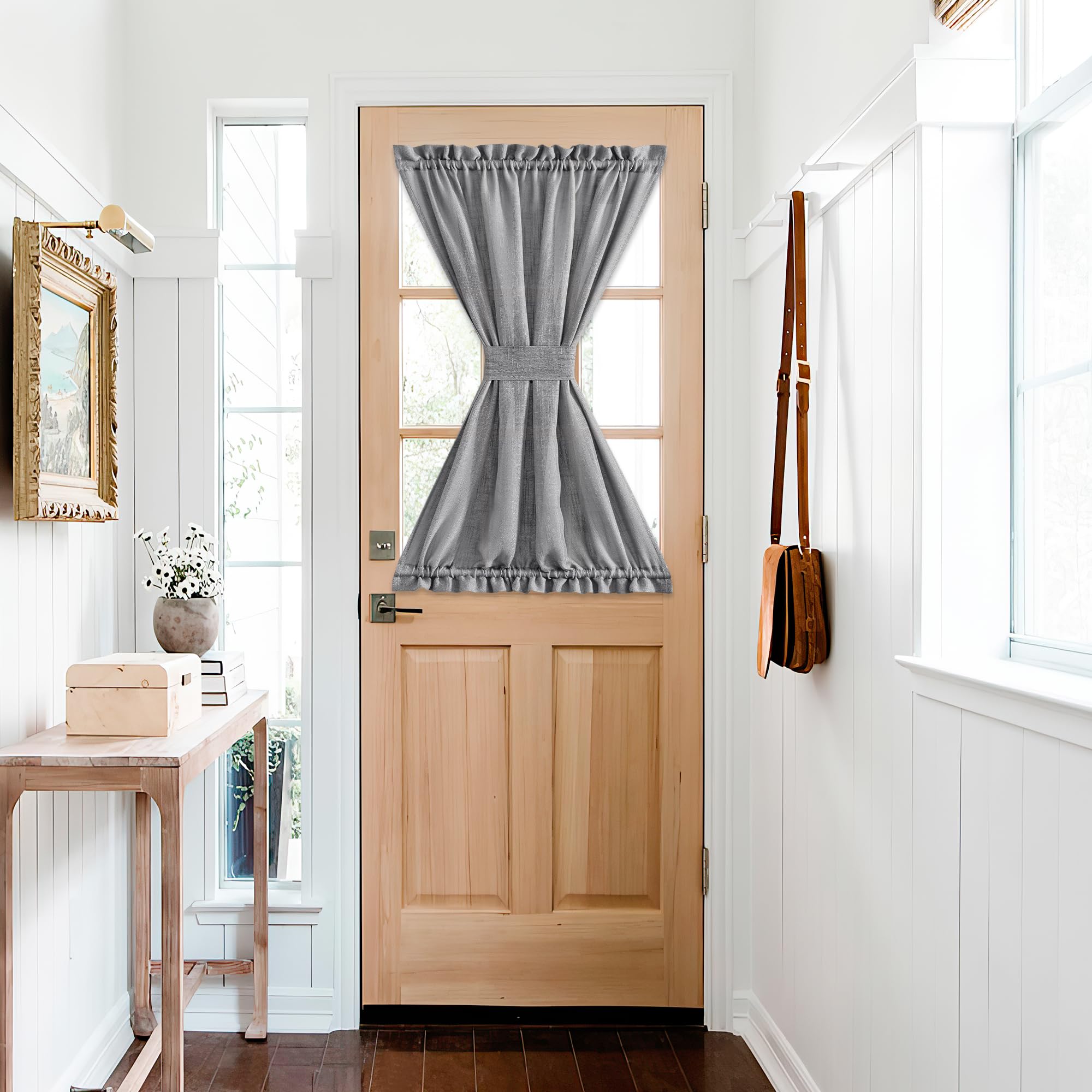 NICETOWN Front Door Curtain - Soft Beige Linen Weave Pattern Door Shade for Windows Light Filtering Rod Pocket French Window Cover for Entryway/Garage with Tieback, 1 Panel, 26" W x 40" L