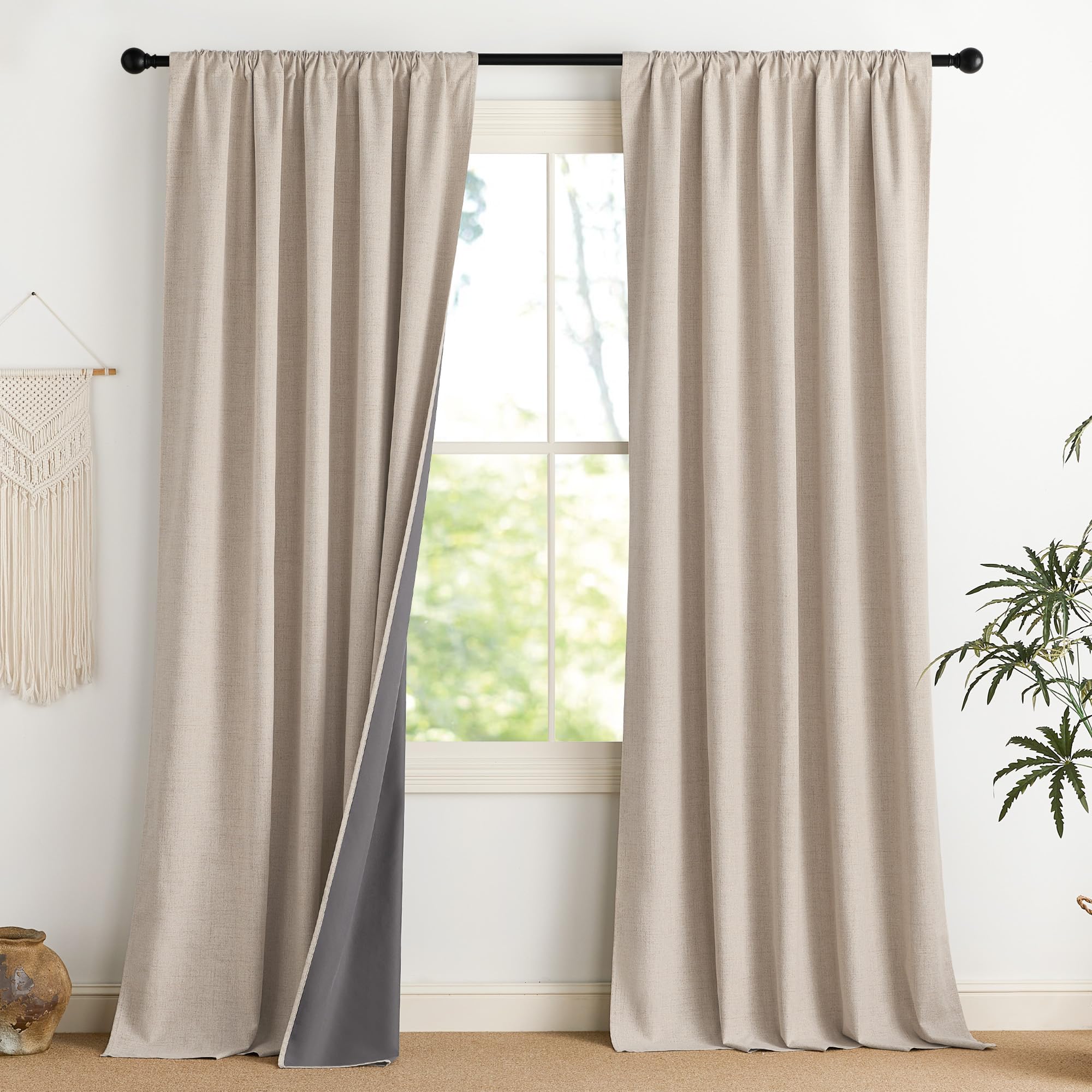 NICETOWN 100% Blackout Curtains for Bedroom, Living Room - Linen Textured Thermal Insulated Drapes Rod Pocket Top, Black Out Curtains with Grey Liner for Privacy, Natural, W52 x L80 in, 2 Panels