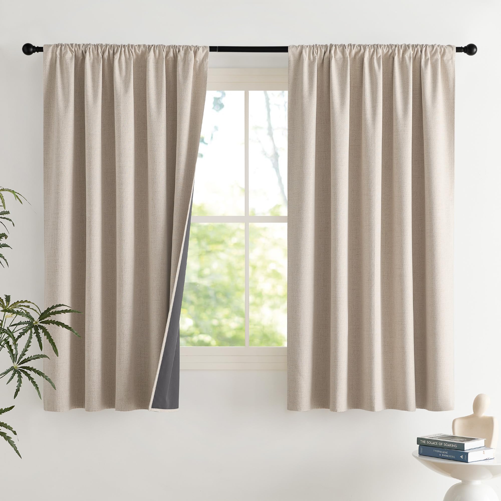NICETOWN 100% Blackout Curtains for Bedroom, Living Room - Linen Textured Thermal Insulated Drapes Rod Pocket Top, Black Out Curtains with Grey Liner for Privacy, Natural, W52 x L80 in, 2 Panels
