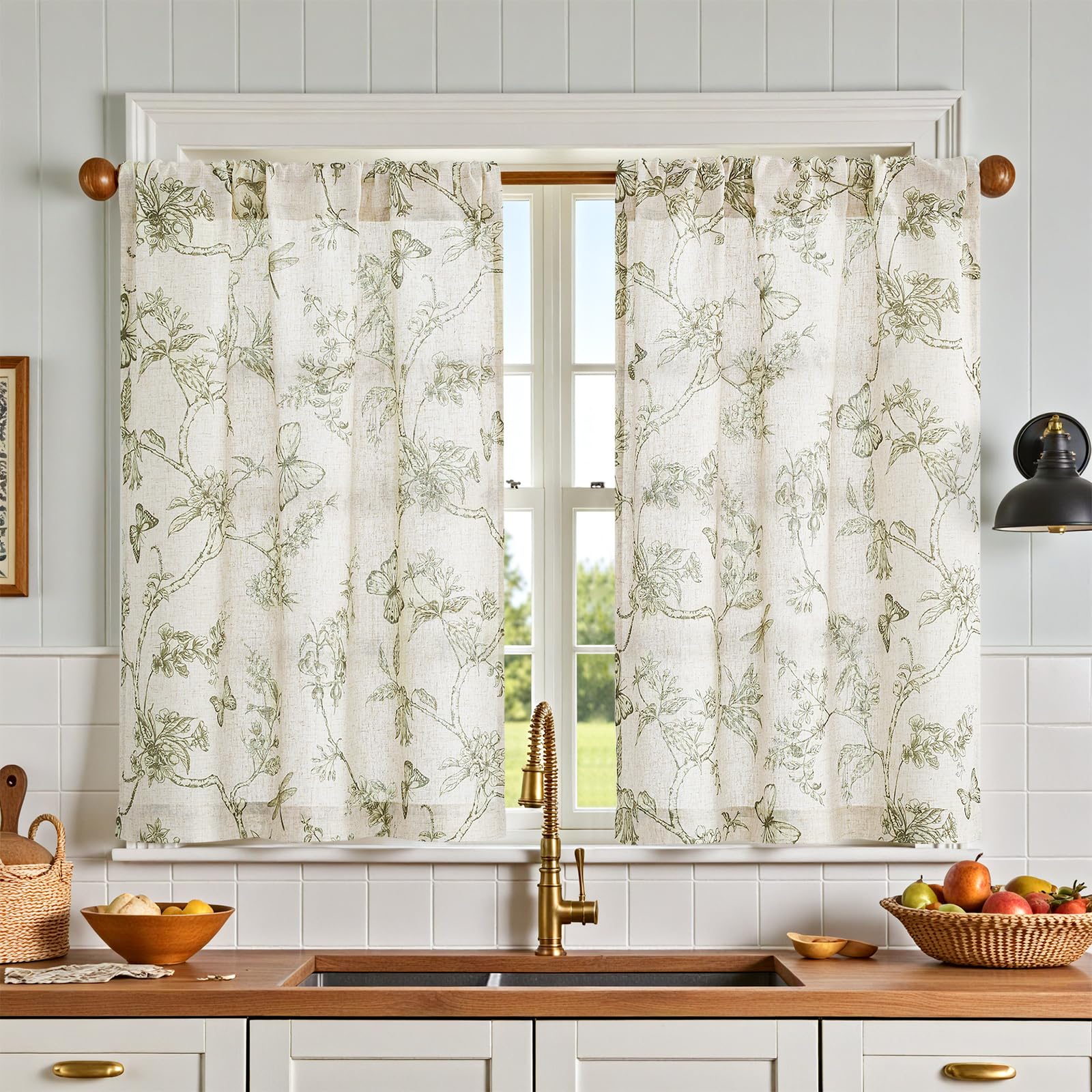 jinchan Linen Kitchen Curtains 24 Inch Vintage Floral Tier Curtains Farmhouse Cottage Cafe Rod Pocket Country Small Window for Laundry Room Bathroom RV 2 Panels Blue on Beige