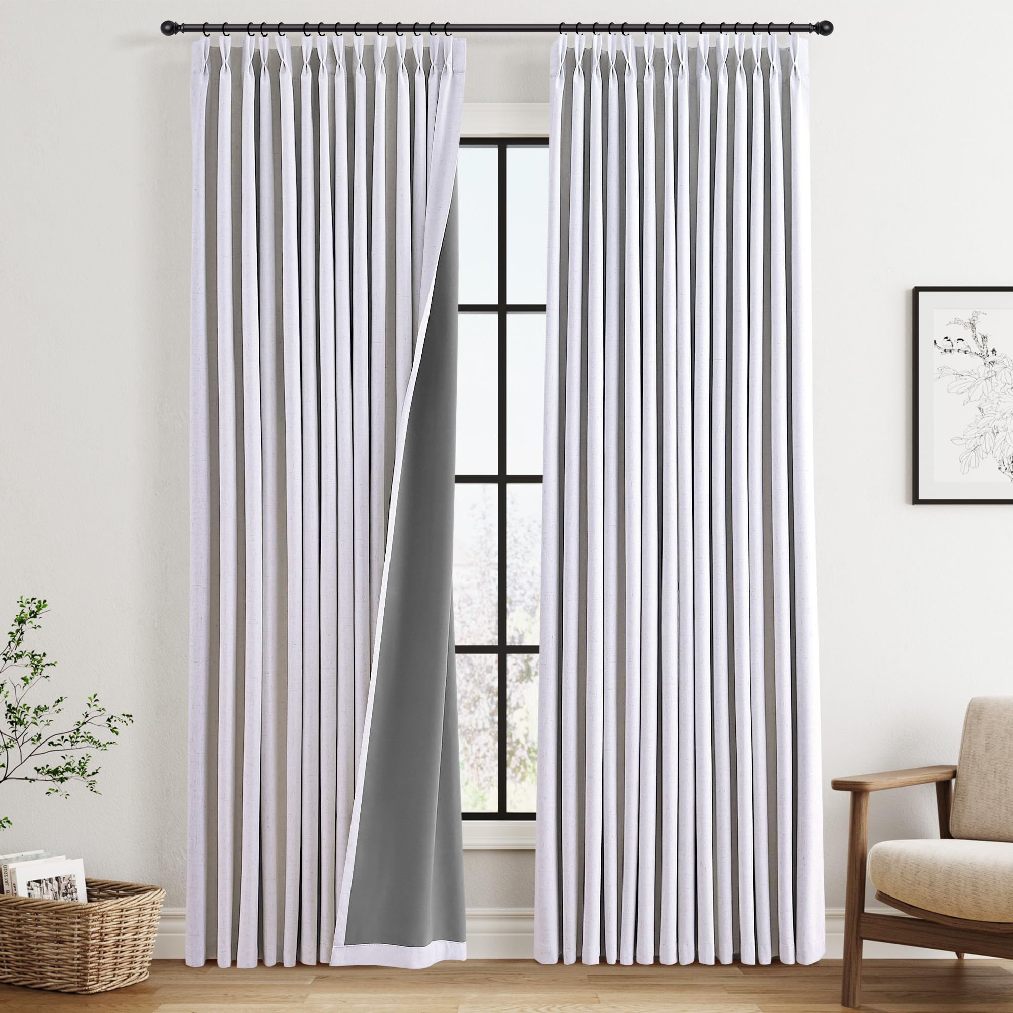 100% Blackout Sage Green Linen Curtains Pinch Pleated Green Blackout Curtains 84 Inches Long for Bedroom Living Room Memory Shaped Thermal Insulated Pinch Pleat Drapes with Hooks Rings Clips 7FT