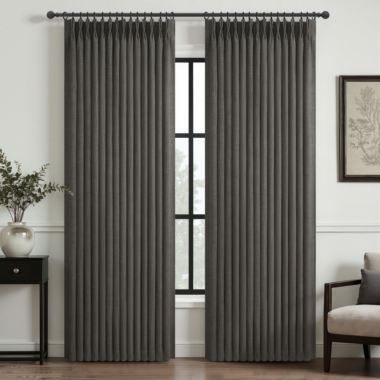 100% Blackout Linen 96 Inch Curtains 2 Panel Set for Bedroom, Modern Pinch Pleated Natural Linen Off Beige White Insulated Heavy Curtain 40 x 96 Inches Length Sliding Glass Door Room Darkening Drapes