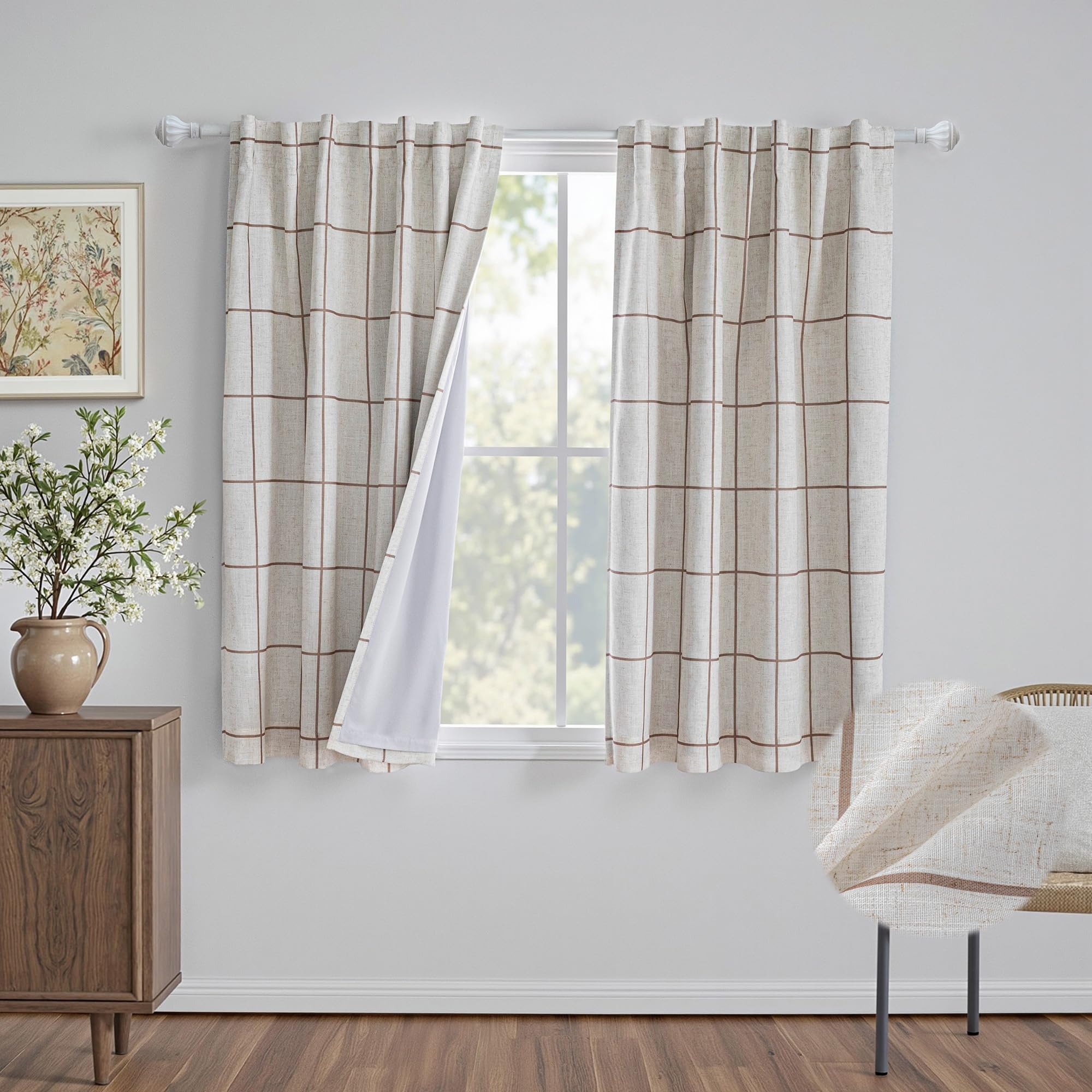 MYSKY HOME 100% Blackout Plaid Farmhouse Linen Curtains 84 Inch Long 2 Panels Set for Living Room Double Layer Windowpane Drapes Thermal Insulated Privacy Protection Rod Pocket Back Tab, 52" W, Black