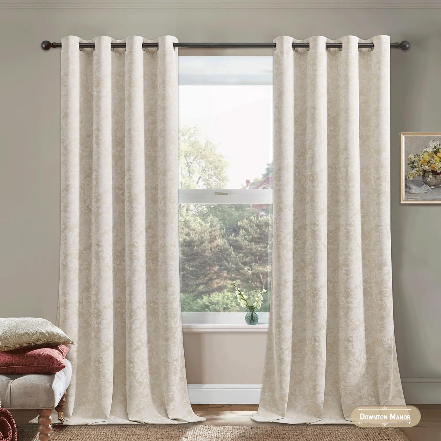 Beauoop Beige Floral Jacquard Blackout Curtains 84 Inches Long 2 Panels for Bedroom Living Room Flower Chenille Room Darkening Thermal Insulated Soundproof Grommet Window Treatments Drapes 52x84x2