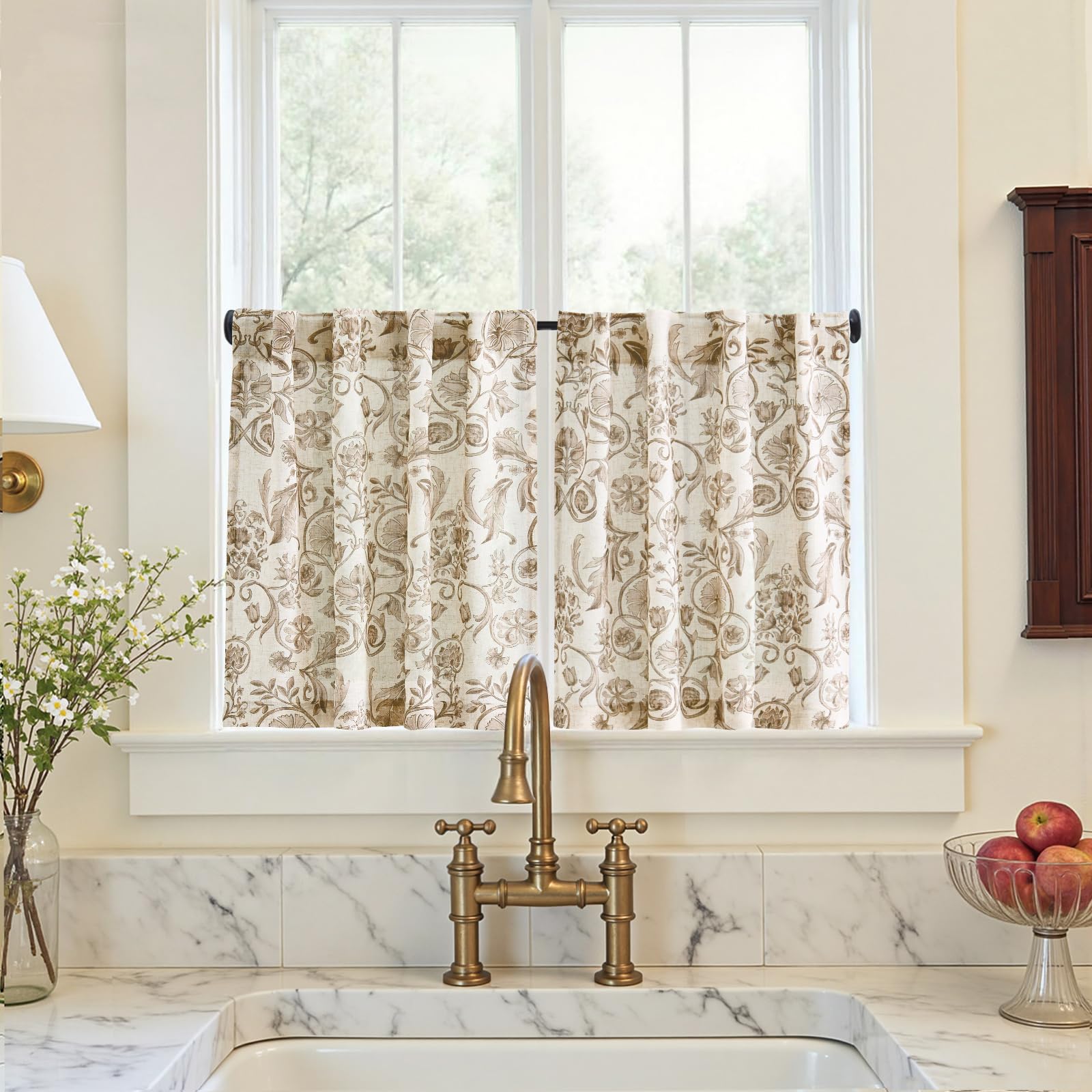 jinchan Linen Kitchen Curtains 24 Inch Vintage Floral Tier Curtains Farmhouse Cottage Cafe Rod Pocket Country Small Window for Laundry Room Bathroom RV 2 Panels Blue on Beige