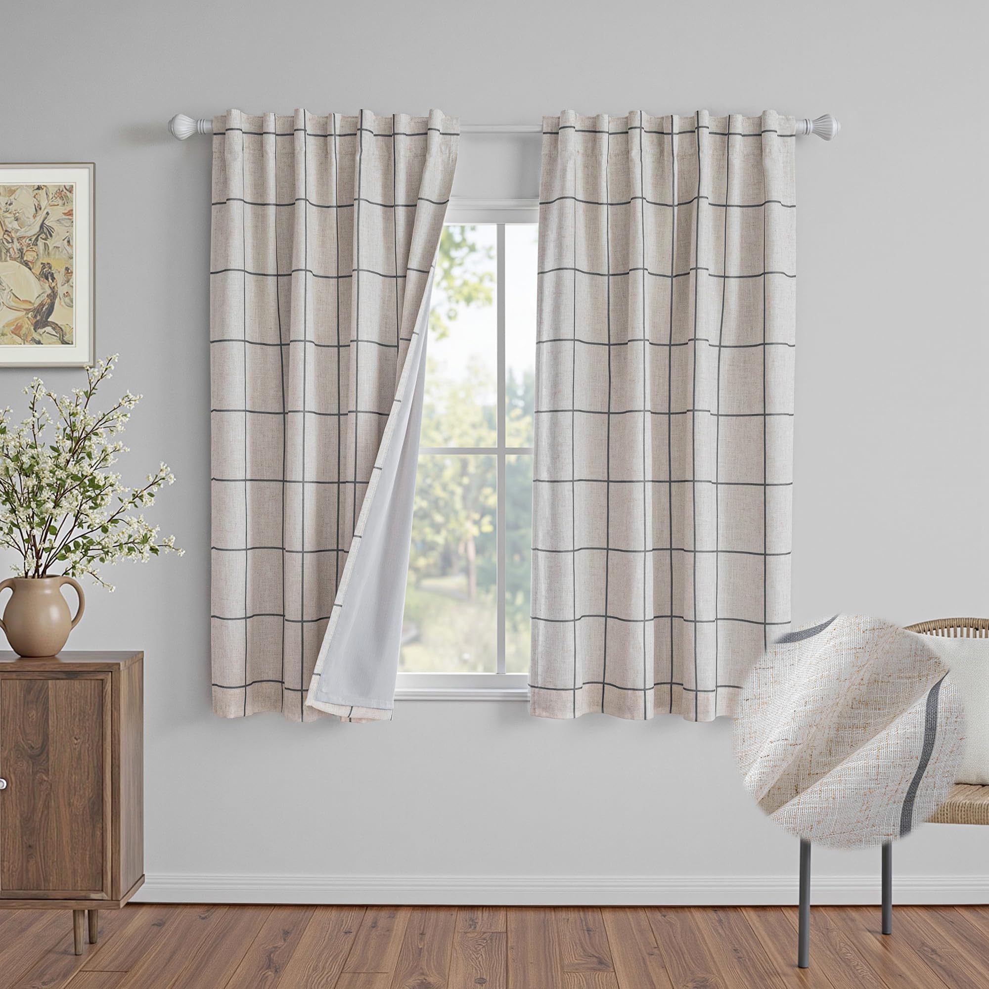 MYSKY HOME 100% Blackout Plaid Farmhouse Linen Curtains 84 Inch Long 2 Panels Set for Living Room Double Layer Windowpane Drapes Thermal Insulated Privacy Protection Rod Pocket Back Tab, 52" W, Black