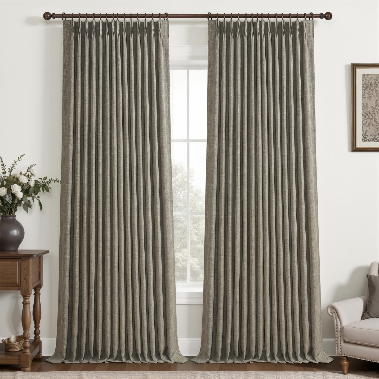 100% Blackout Linen 96 Inch Curtains 2 Panel Set for Bedroom, Modern Pinch Pleated Natural Linen Off Beige White Insulated Heavy Curtain 40 x 96 Inches Length Sliding Glass Door Room Darkening Drapes