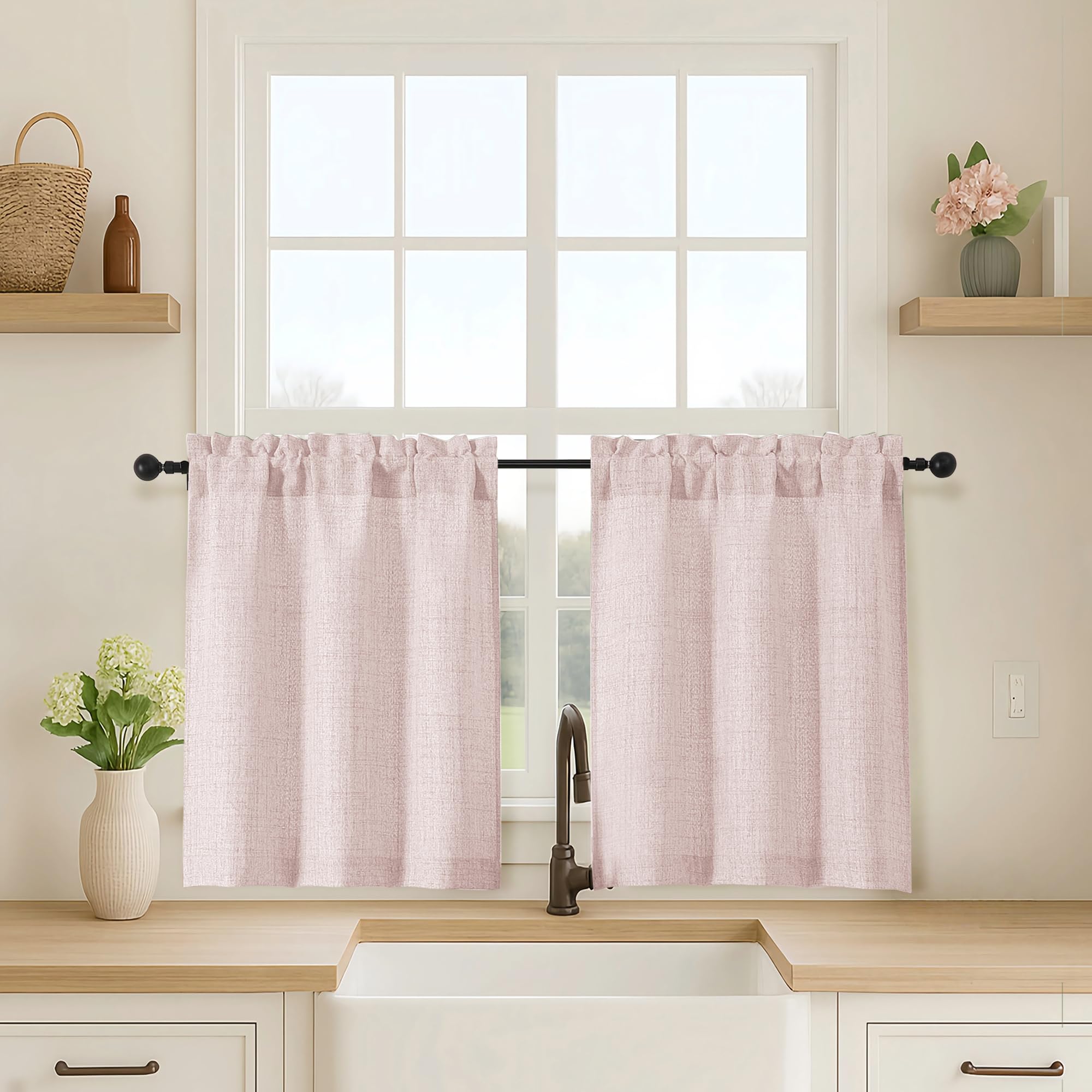 OVZME Kitchen Curtains 24 Inch Length, Light Filtering Faux Linen Textured Small Cafe Curtains, Short Window Curtain Tiers for Cabinet Bathroom Basement RV Camper, 30Wx24L Inch, 2PCS, Terracotta