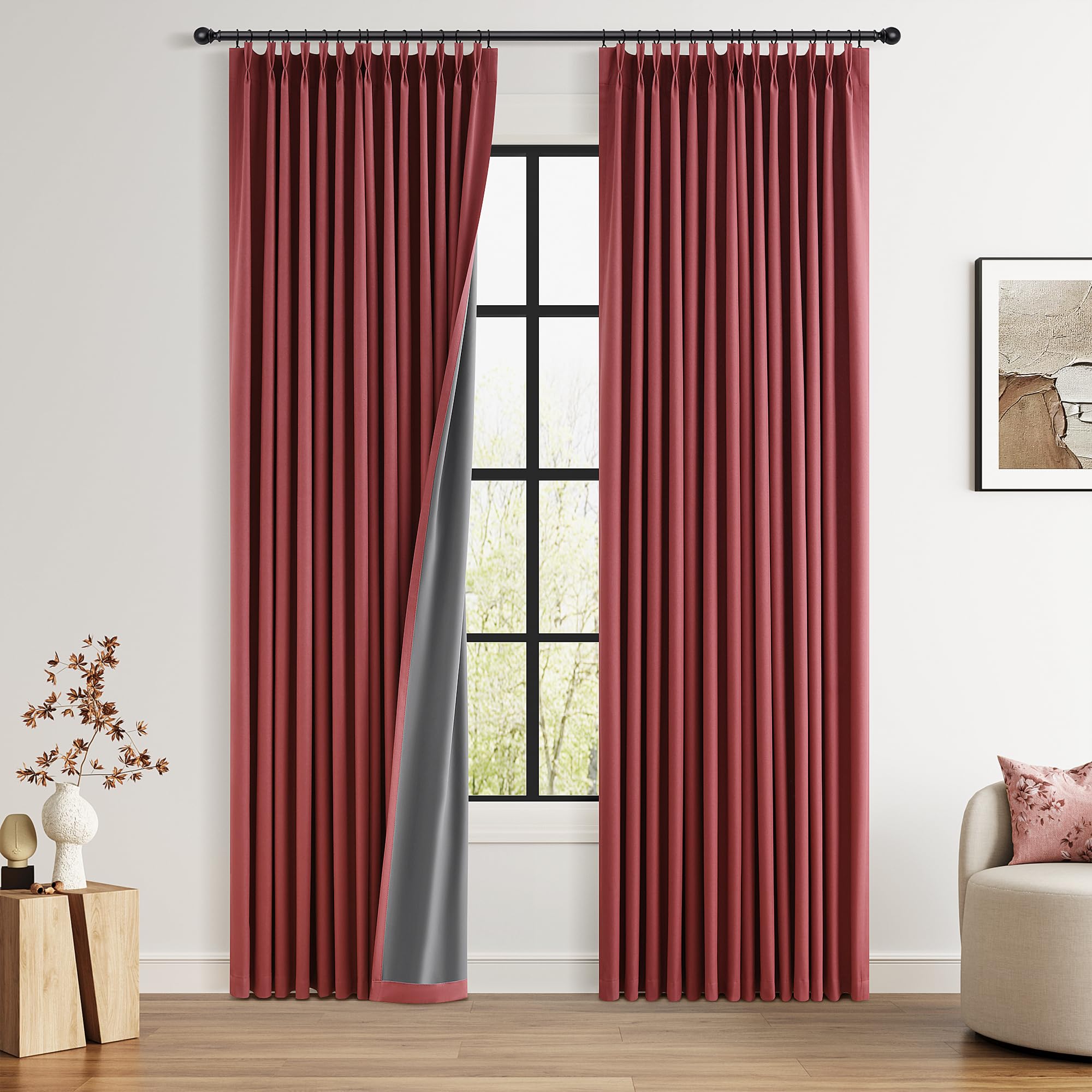 100% Blackout Sage Green Linen Curtains Pinch Pleated Green Blackout Curtains 84 Inches Long for Bedroom Living Room Memory Shaped Thermal Insulated Pinch Pleat Drapes with Hooks Rings Clips 7FT