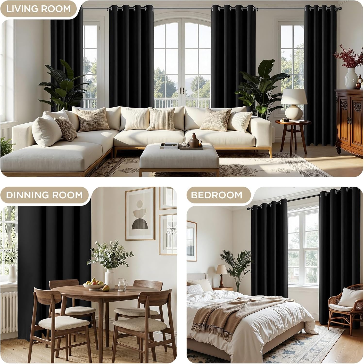 CUCRAF Black Blackout Curtains 72 Inches Long, Thermal Insulated Noise Reducing Grommet Window Drapes for Bedroom & Living Room(52x72 Inch, 2 Panels)