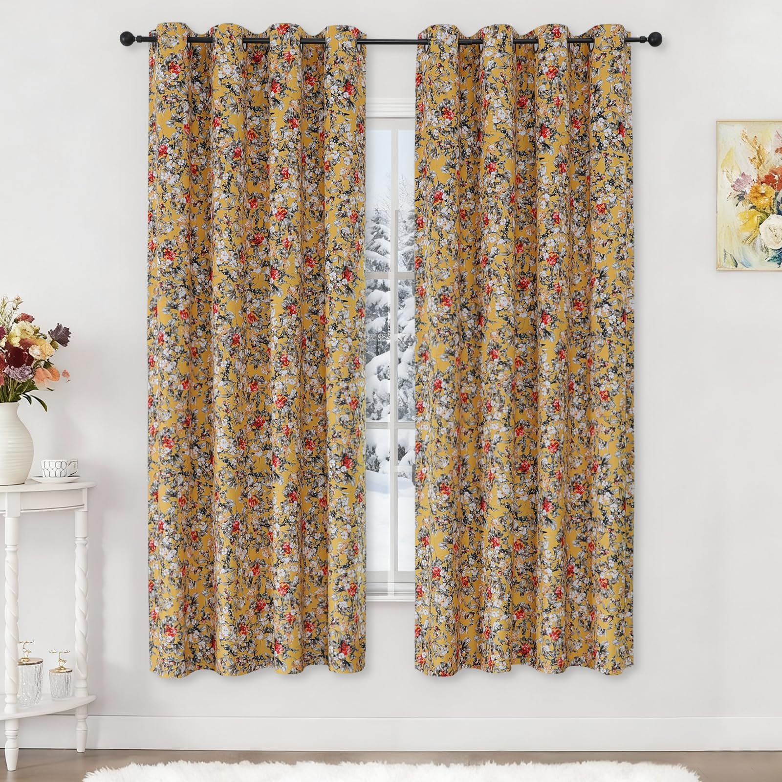 Estelar Textiler Black Velvet Blackout Curtains 84 Inch Long for Living Room, Luxury Floral Printed Energy Saving Thermal Insulated Light Blocking Window Grommet Drapes for Bedroom, 52Wx84L, 2 Panels