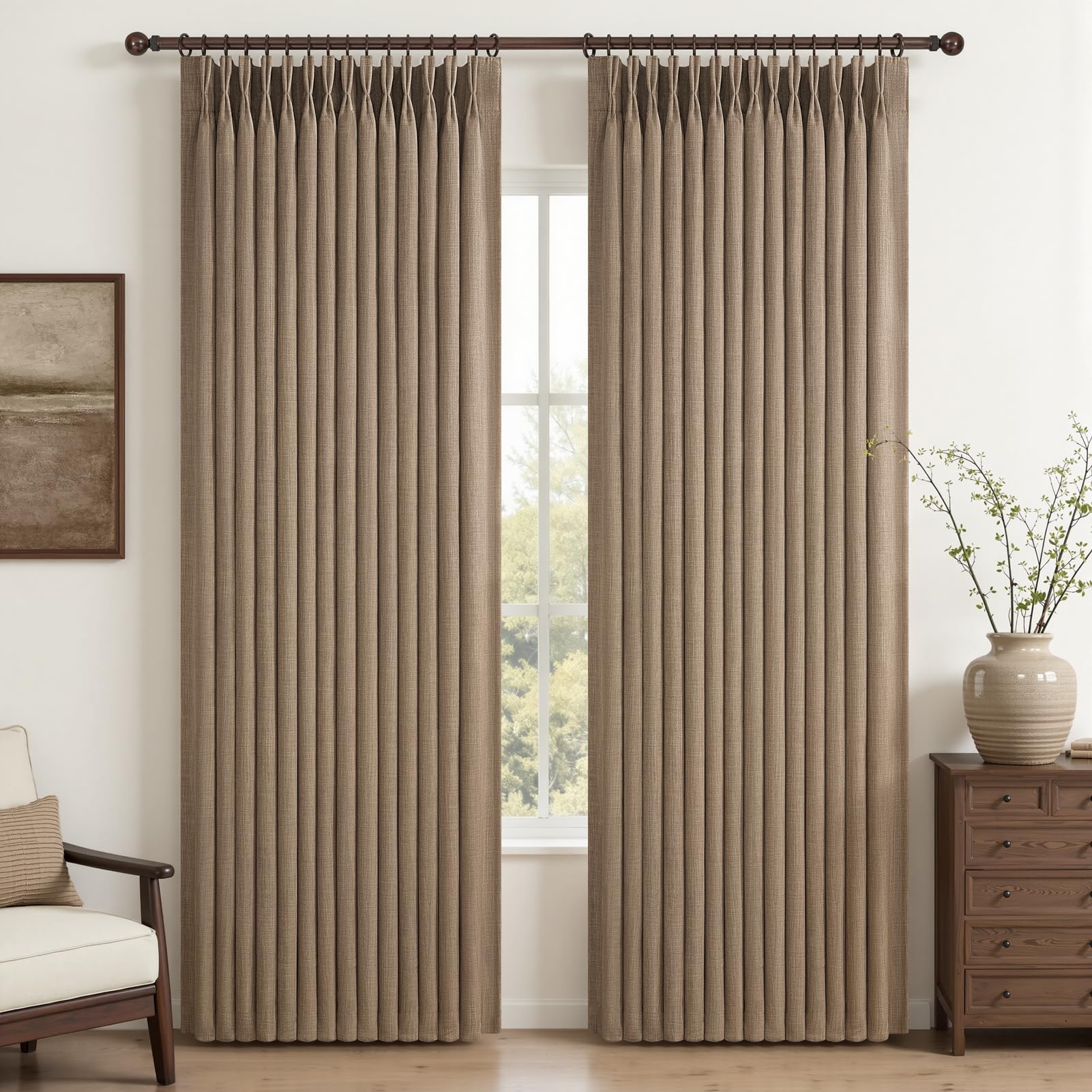100% Blackout Linen 96 Inch Curtains 2 Panel Set for Bedroom, Modern Pinch Pleated Natural Linen Off Beige White Insulated Heavy Curtain 40 x 96 Inches Length Sliding Glass Door Room Darkening Drapes