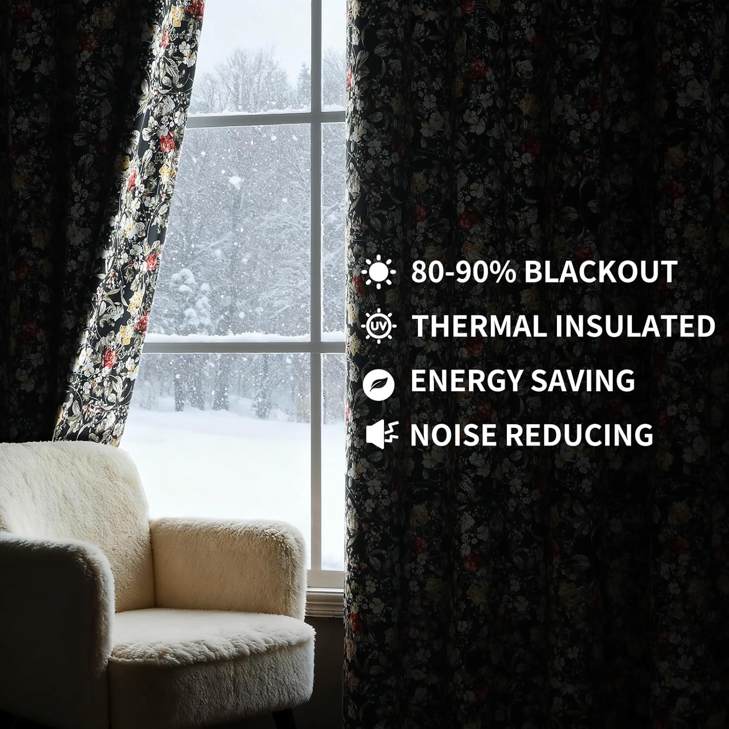 Estelar Textiler Black Velvet Blackout Curtains 84 Inch Long for Living Room, Luxury Floral Printed Energy Saving Thermal Insulated Light Blocking Window Grommet Drapes for Bedroom, 52Wx84L, 2 Panels