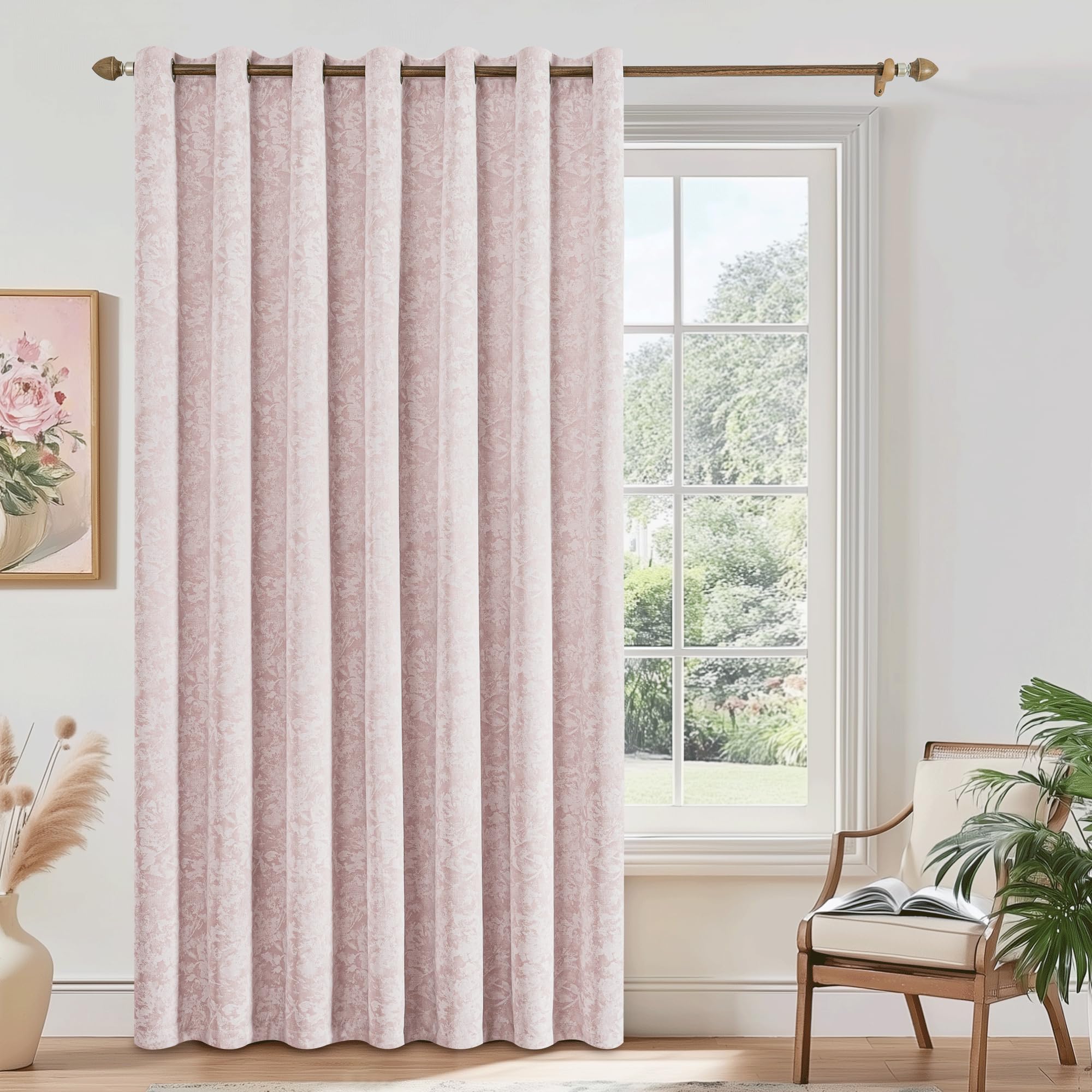 Beauoop Beige Floral Jacquard Blackout Curtains 84 Inches Long 2 Panels for Bedroom Living Room Flower Chenille Room Darkening Thermal Insulated Soundproof Grommet Window Treatments Drapes 52x84x2