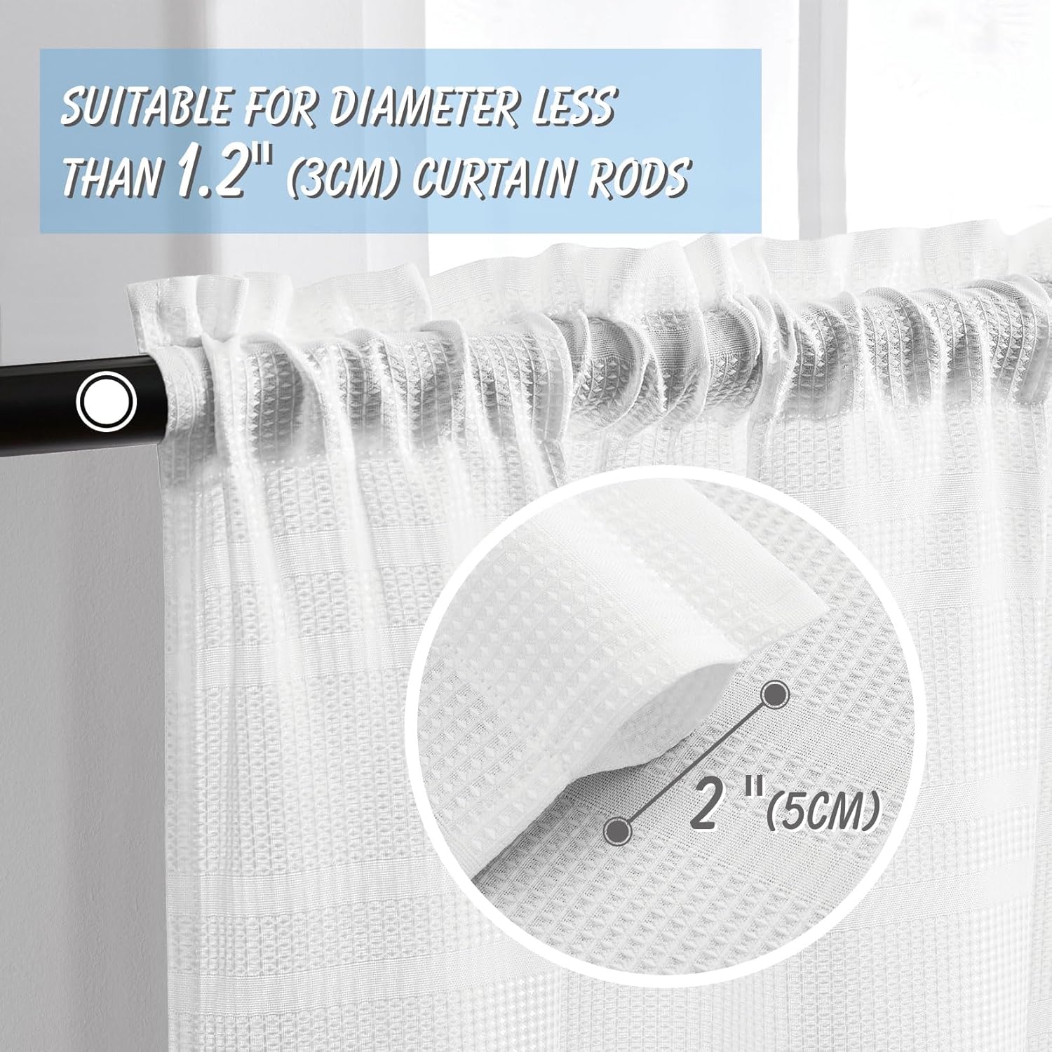 Home Queen White Water Resistant Bathroom Window Curtain, Waffle Textured Half Tier Curtains for Kitchen Cafe, 30" W X 36" L Inches, Set of 2