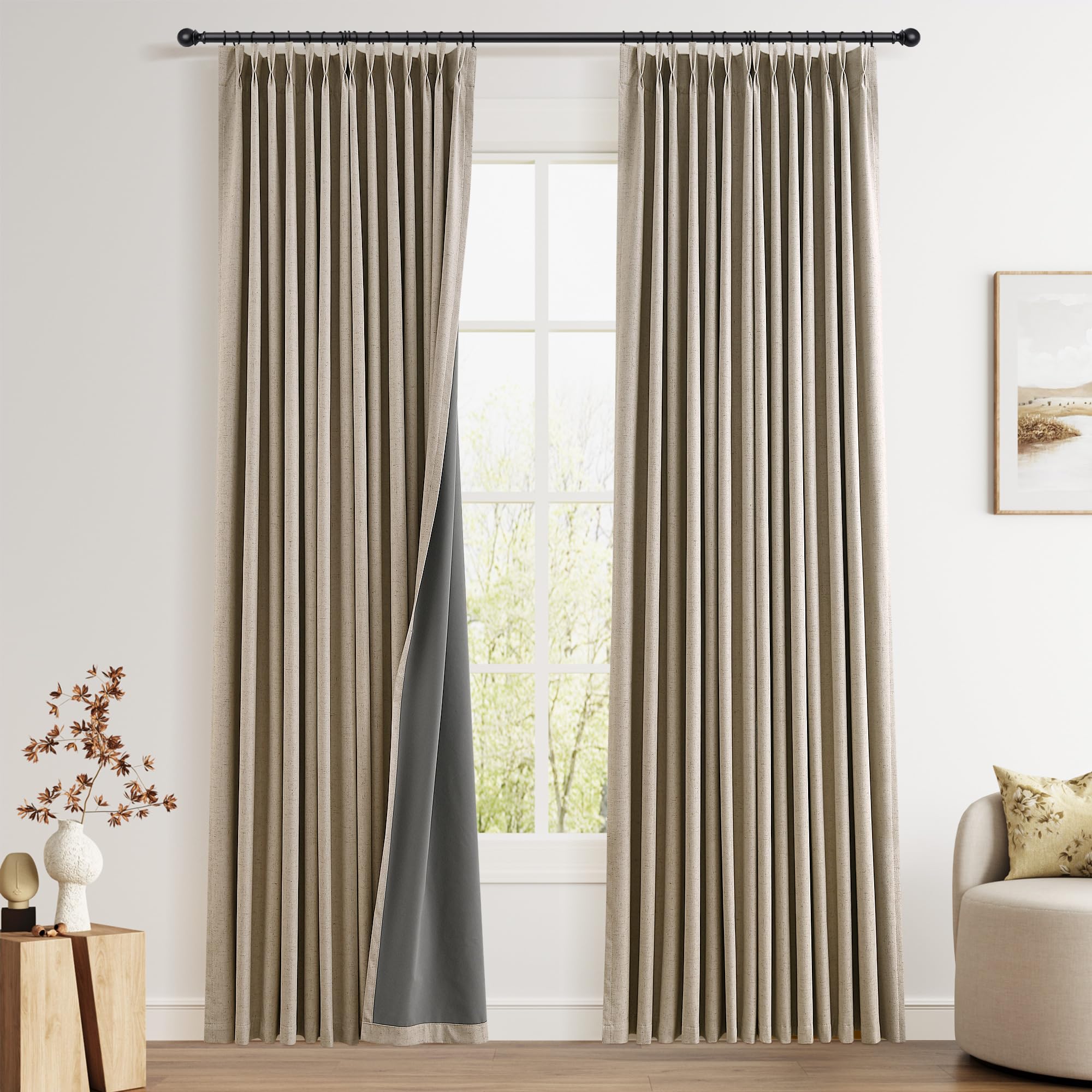 100% Blackout Sage Green Linen Curtains Pinch Pleated Green Blackout Curtains 84 Inches Long for Bedroom Living Room Memory Shaped Thermal Insulated Pinch Pleat Drapes with Hooks Rings Clips 7FT