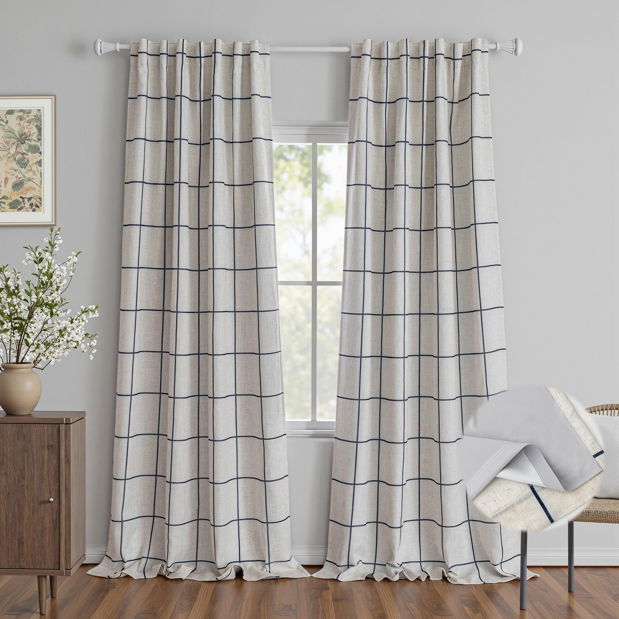 MYSKY HOME 100% Blackout Plaid Farmhouse Linen Curtains 84 Inch Long 2 Panels Set for Living Room Double Layer Windowpane Drapes Thermal Insulated Privacy Protection Rod Pocket Back Tab, 52" W, Black