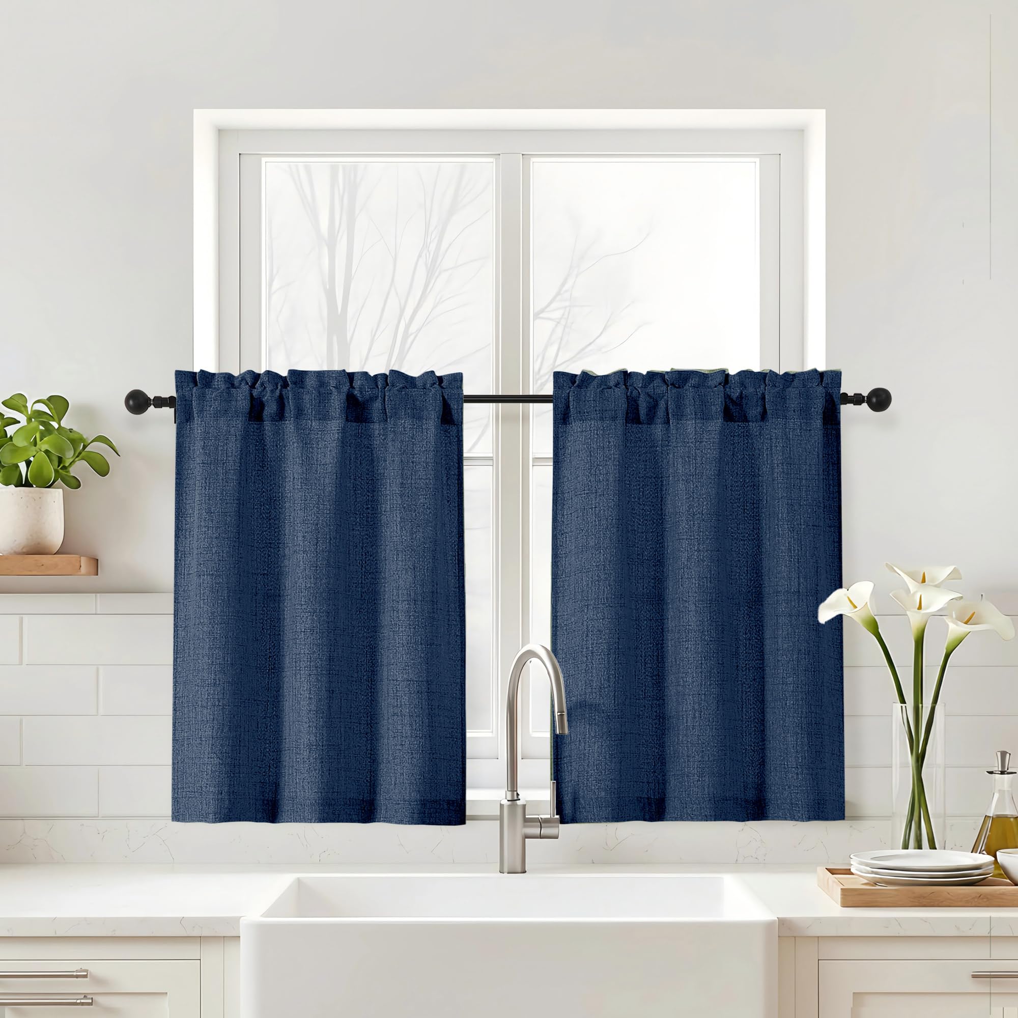Navy Blue Kitchen Curtains 24 Inch Length - Faux Linen Textured Light Filtering Short Curtains for Bathroom, Rod Pocket Small Kitchen Window Curtains Over Sink, 2 Panels, 30Wx24L Inches
