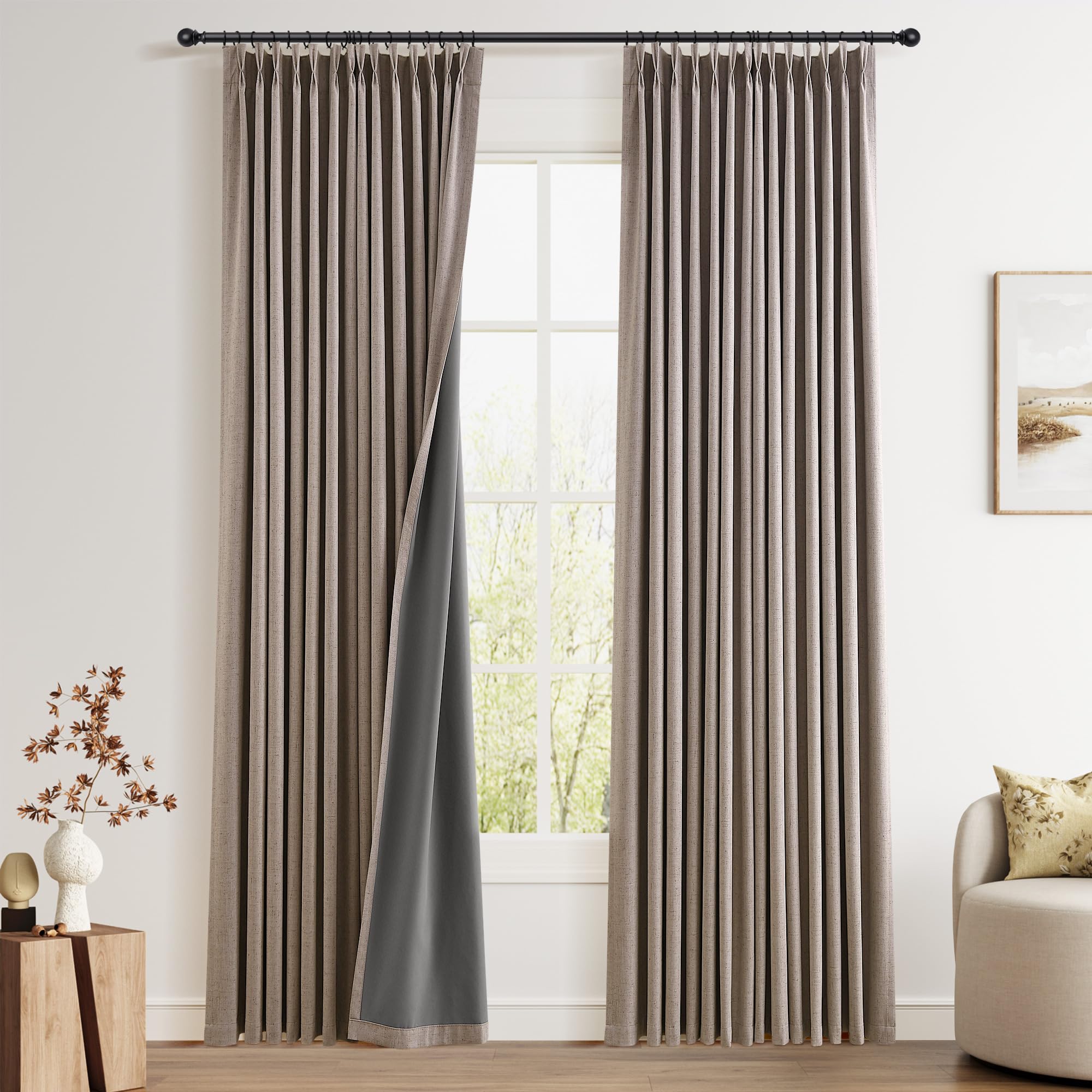100% Blackout Sage Green Linen Curtains Pinch Pleated Green Blackout Curtains 84 Inches Long for Bedroom Living Room Memory Shaped Thermal Insulated Pinch Pleat Drapes with Hooks Rings Clips 7FT