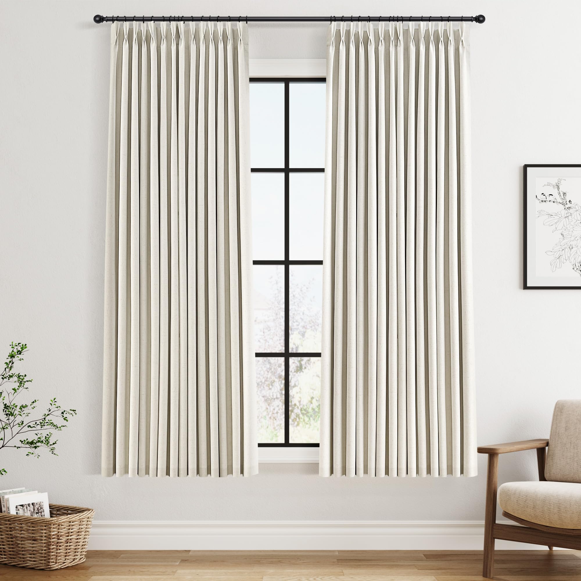 100% Blackout Sage Green Linen Curtains Pinch Pleated Green Blackout Curtains 84 Inches Long for Bedroom Living Room Memory Shaped Thermal Insulated Pinch Pleat Drapes with Hooks Rings Clips 7FT