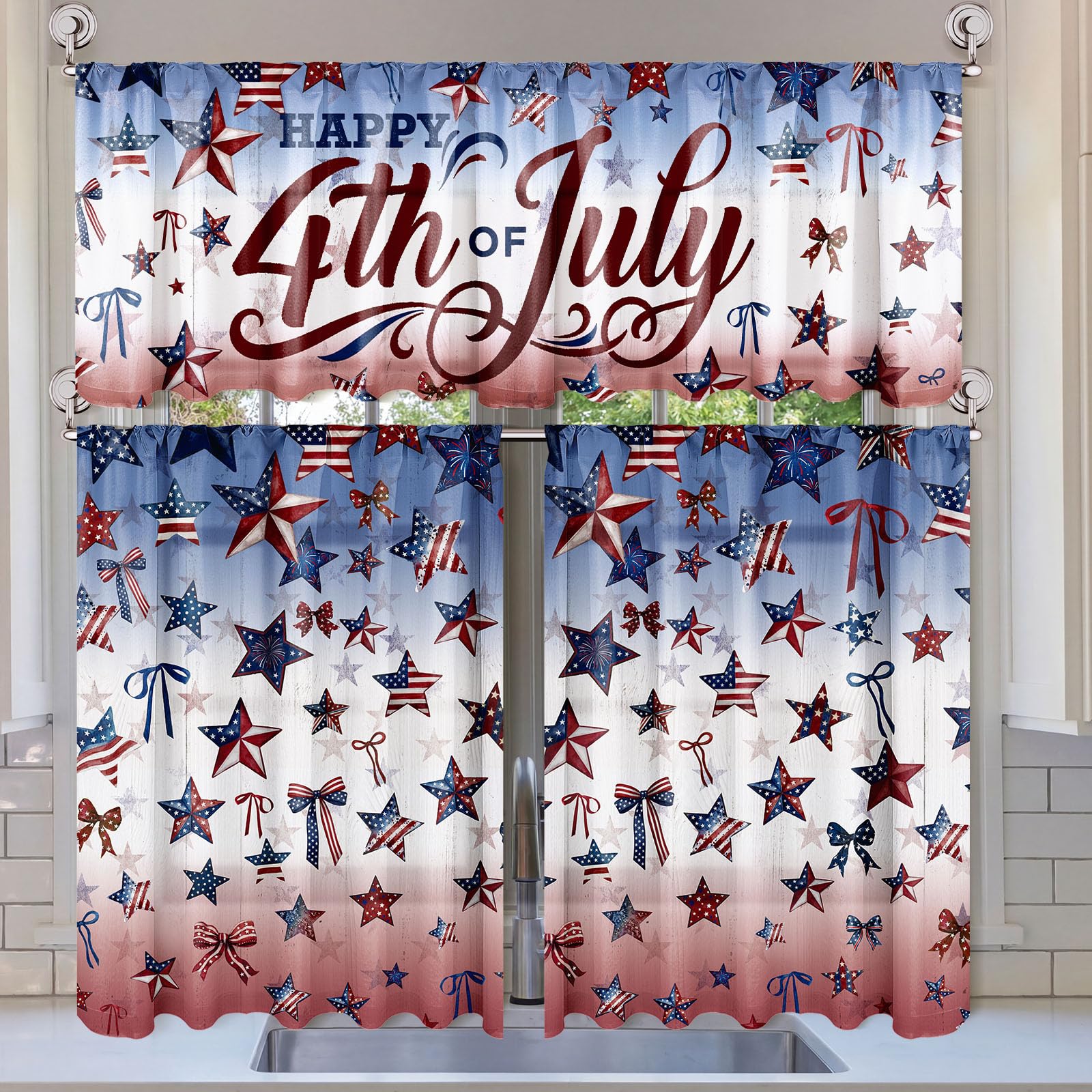 Breling 3 Pcs Teal Daisy Kitchen Curtains Valances and Tiers Set for Windows Spring Daisy Garden Flying Butterflies Boots Blue Decor Short Curtain Set for Bedroom Window Turquoise Decor Party Supplies