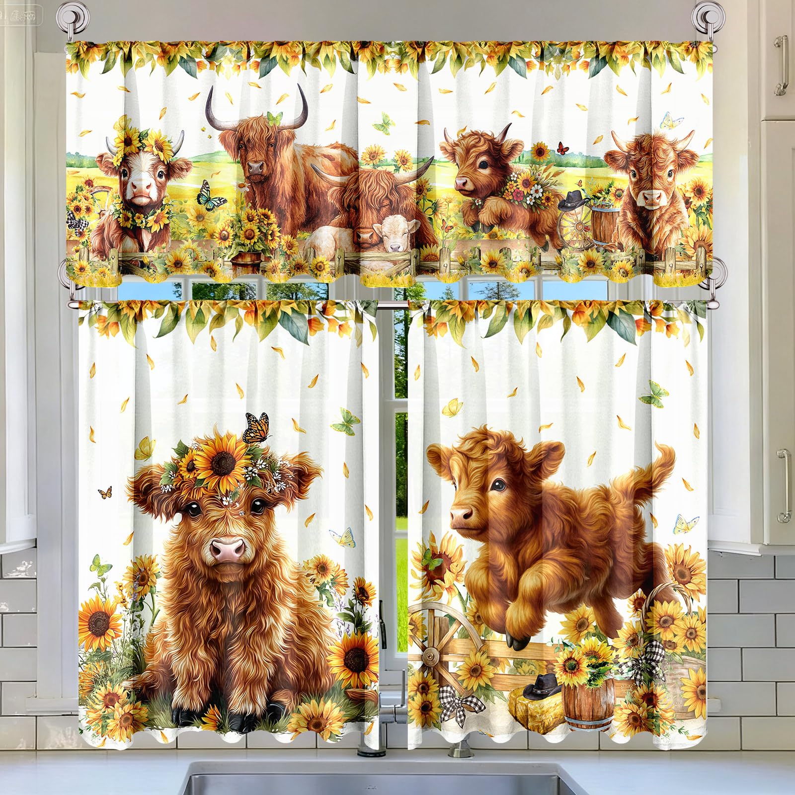 Breling 3 Pcs Teal Daisy Kitchen Curtains Valances and Tiers Set for Windows Spring Daisy Garden Flying Butterflies Boots Blue Decor Short Curtain Set for Bedroom Window Turquoise Decor Party Supplies