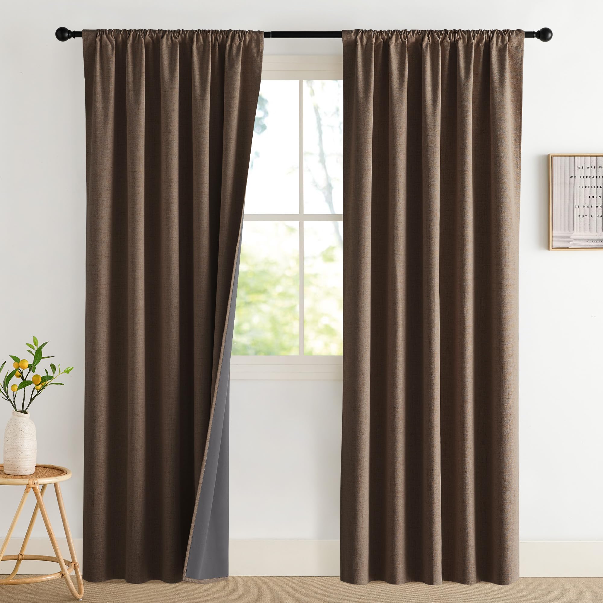 NICETOWN 100% Blackout Curtains for Bedroom, Living Room - Linen Textured Thermal Insulated Drapes Rod Pocket Top, Black Out Curtains with Grey Liner for Privacy, Natural, W52 x L80 in, 2 Panels