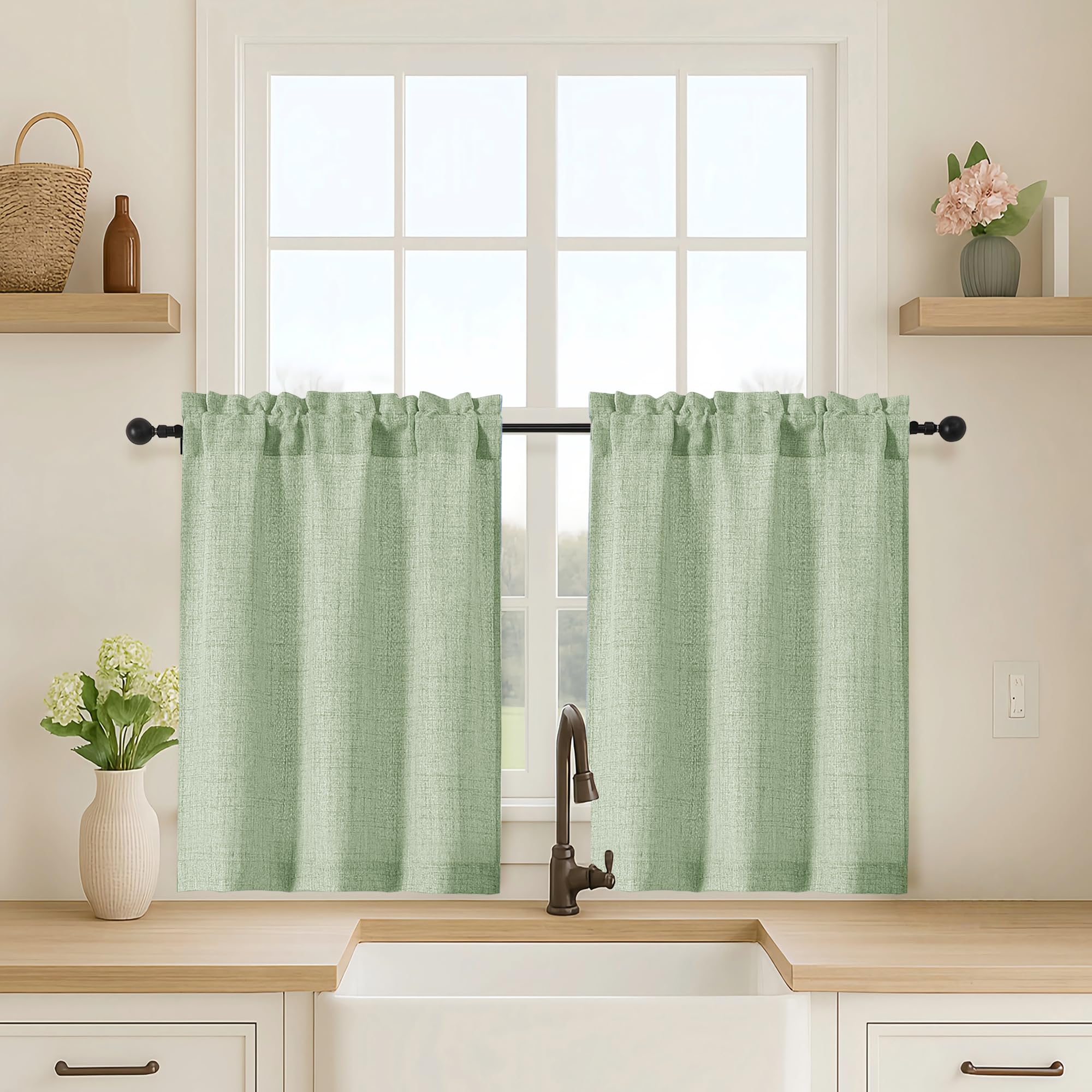 OVZME Kitchen Curtains 24 Inch Length, Light Filtering Faux Linen Textured Small Cafe Curtains, Short Window Curtain Tiers for Cabinet Bathroom Basement RV Camper, 30Wx24L Inch, 2PCS, Terracotta
