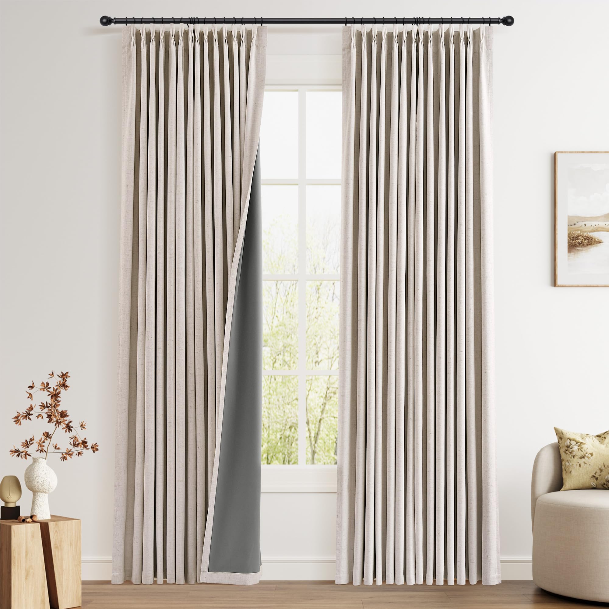 100% Blackout Sage Green Linen Curtains Pinch Pleated Green Blackout Curtains 84 Inches Long for Bedroom Living Room Memory Shaped Thermal Insulated Pinch Pleat Drapes with Hooks Rings Clips 7FT