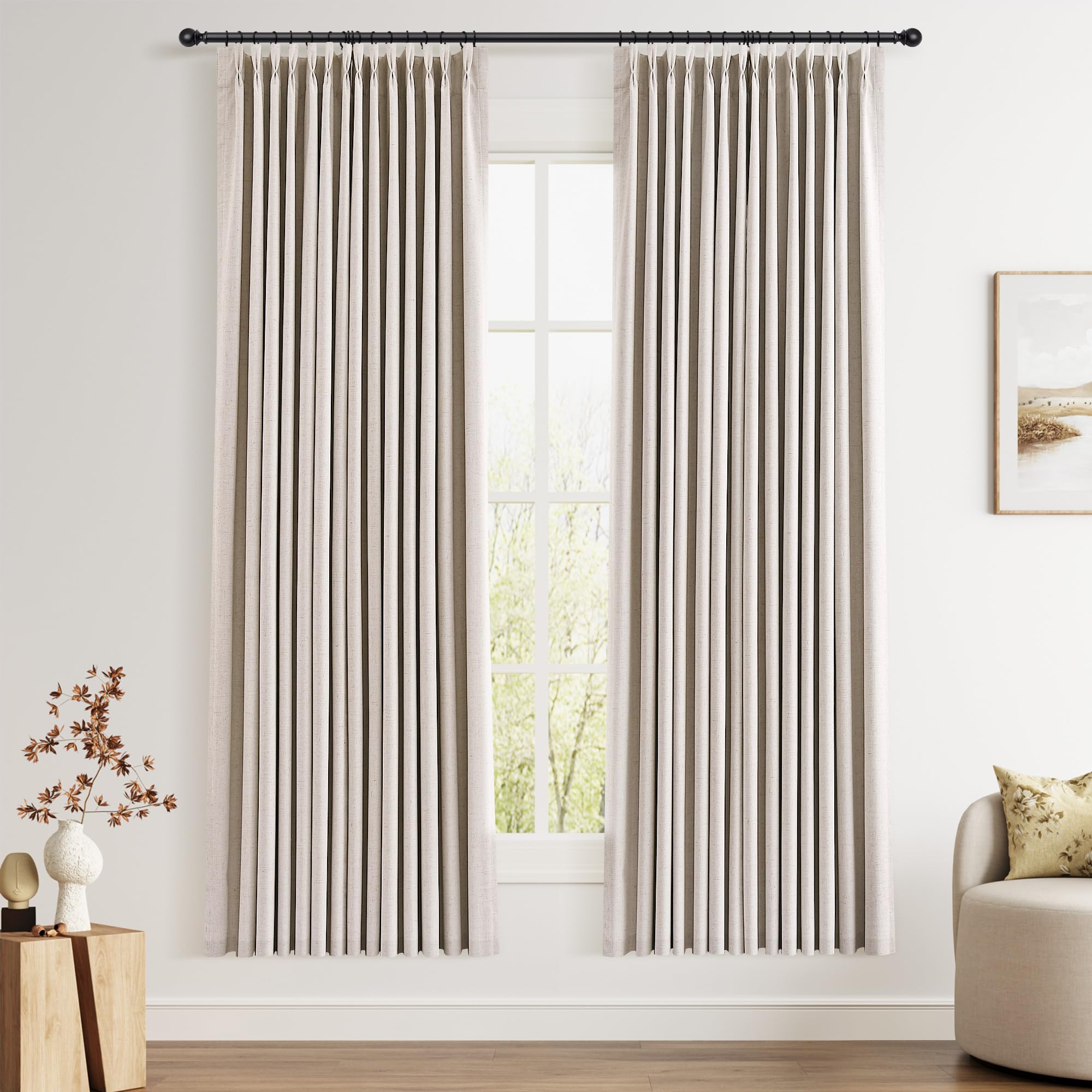 100% Blackout Sage Green Linen Curtains Pinch Pleated Green Blackout Curtains 84 Inches Long for Bedroom Living Room Memory Shaped Thermal Insulated Pinch Pleat Drapes with Hooks Rings Clips 7FT