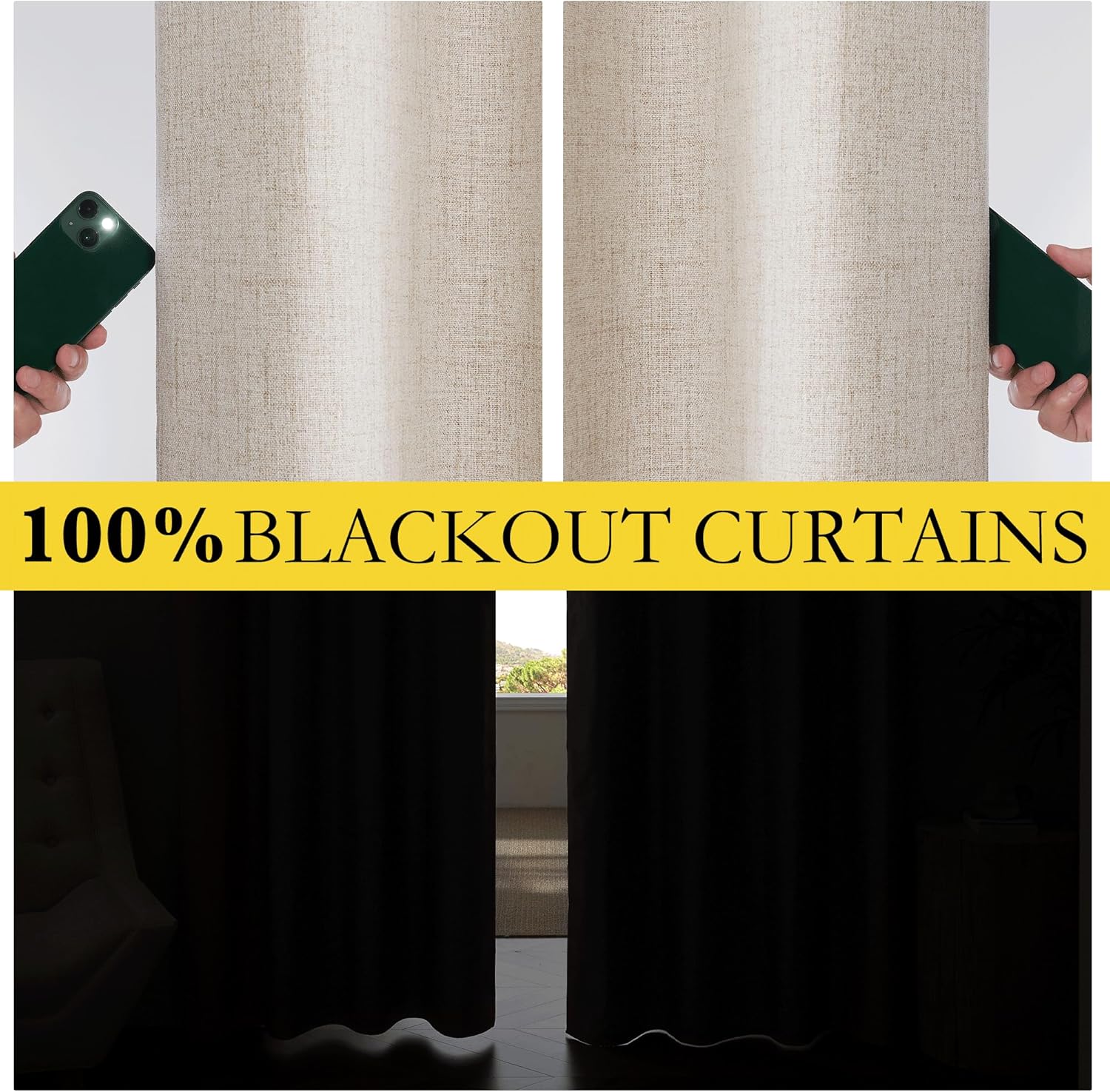 NICETOWN 100% Blackout Curtains for Bedroom, Living Room - Linen Textured Thermal Insulated Drapes Rod Pocket Top, Black Out Curtains with Grey Liner for Privacy, Natural, W52 x L80 in, 2 Panels