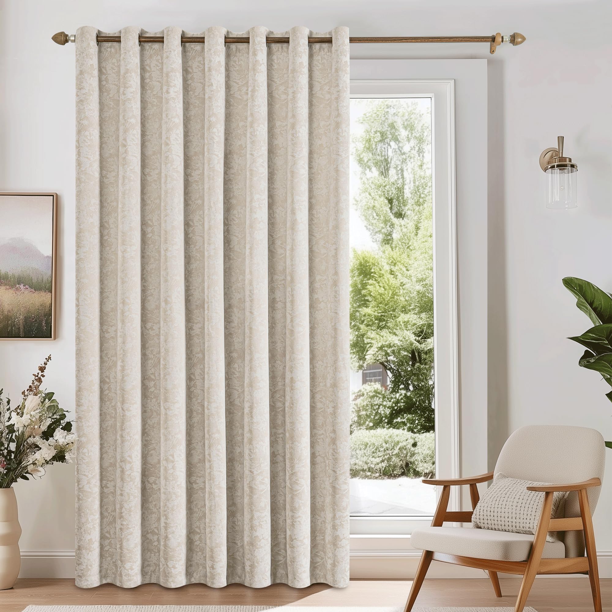 Beauoop Beige Floral Jacquard Blackout Curtains 84 Inches Long 2 Panels for Bedroom Living Room Flower Chenille Room Darkening Thermal Insulated Soundproof Grommet Window Treatments Drapes 52x84x2