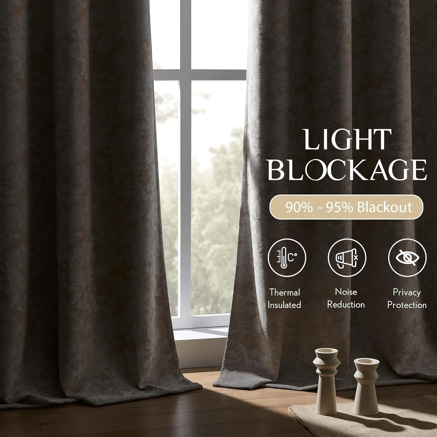 Beauoop Beige Floral Jacquard Blackout Curtains 84 Inches Long 2 Panels for Bedroom Living Room Flower Chenille Room Darkening Thermal Insulated Soundproof Grommet Window Treatments Drapes 52x84x2