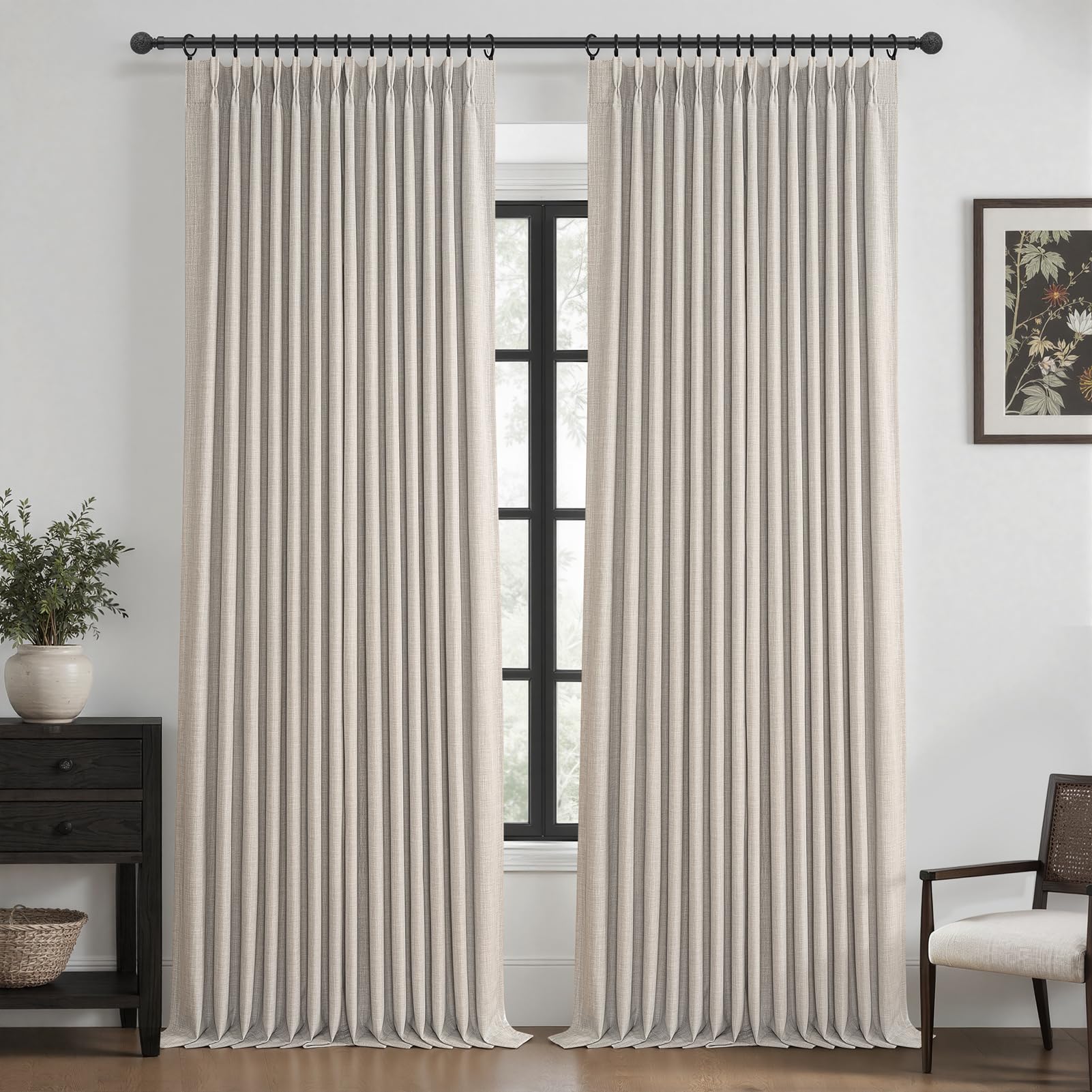 100% Blackout Linen 96 Inch Curtains 2 Panel Set for Bedroom, Modern Pinch Pleated Natural Linen Off Beige White Insulated Heavy Curtain 40 x 96 Inches Length Sliding Glass Door Room Darkening Drapes