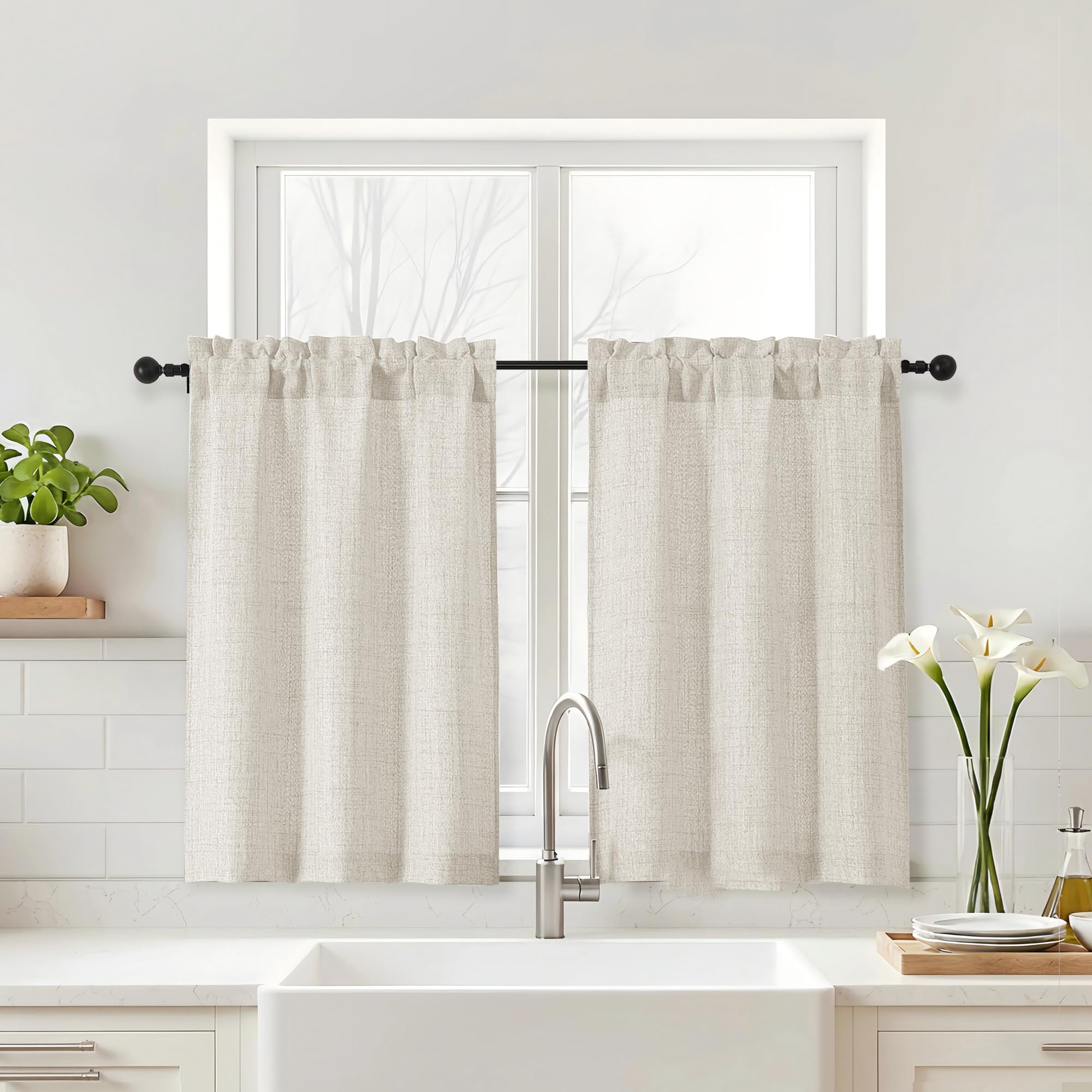 Navy Blue Kitchen Curtains 24 Inch Length - Faux Linen Textured Light Filtering Short Curtains for Bathroom, Rod Pocket Small Kitchen Window Curtains Over Sink, 2 Panels, 30Wx24L Inches
