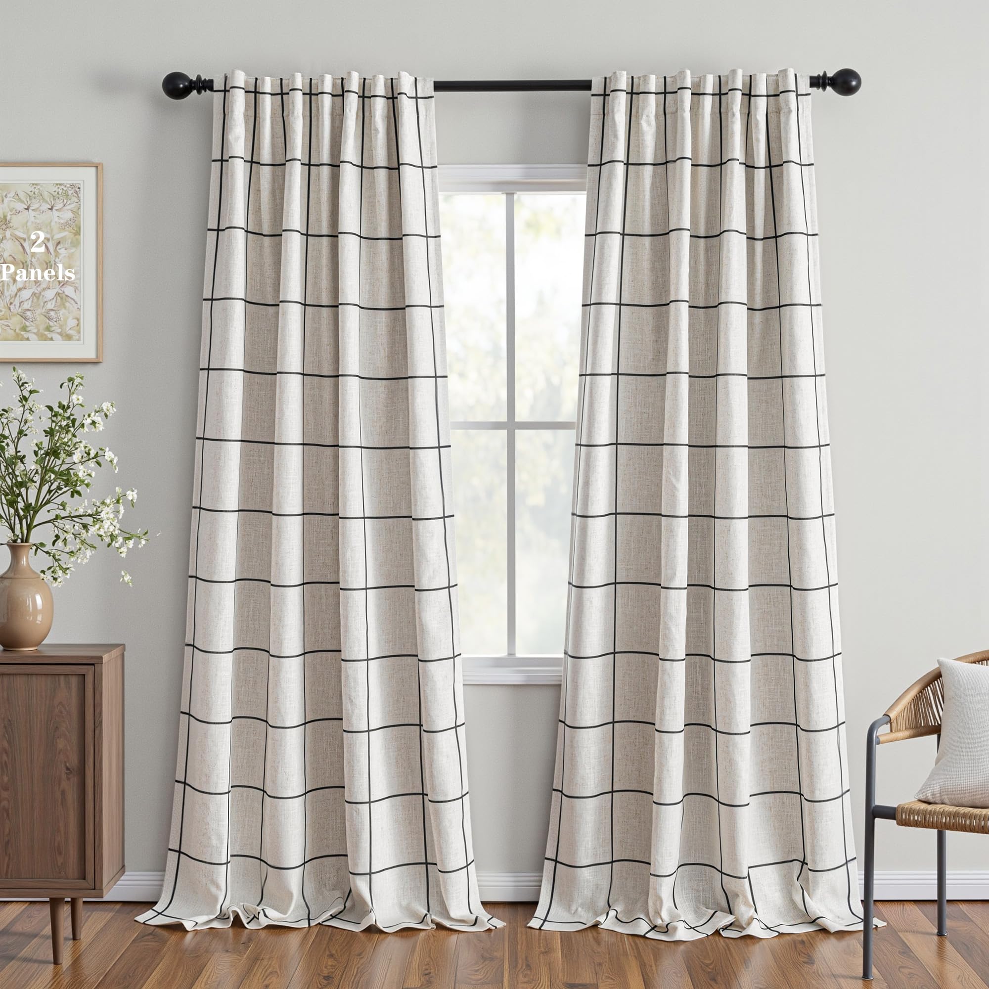 MYSKY HOME 100% Blackout Plaid Farmhouse Linen Curtains 84 Inch Long 2 Panels Set for Living Room Double Layer Windowpane Drapes Thermal Insulated Privacy Protection Rod Pocket Back Tab, 52" W, Black