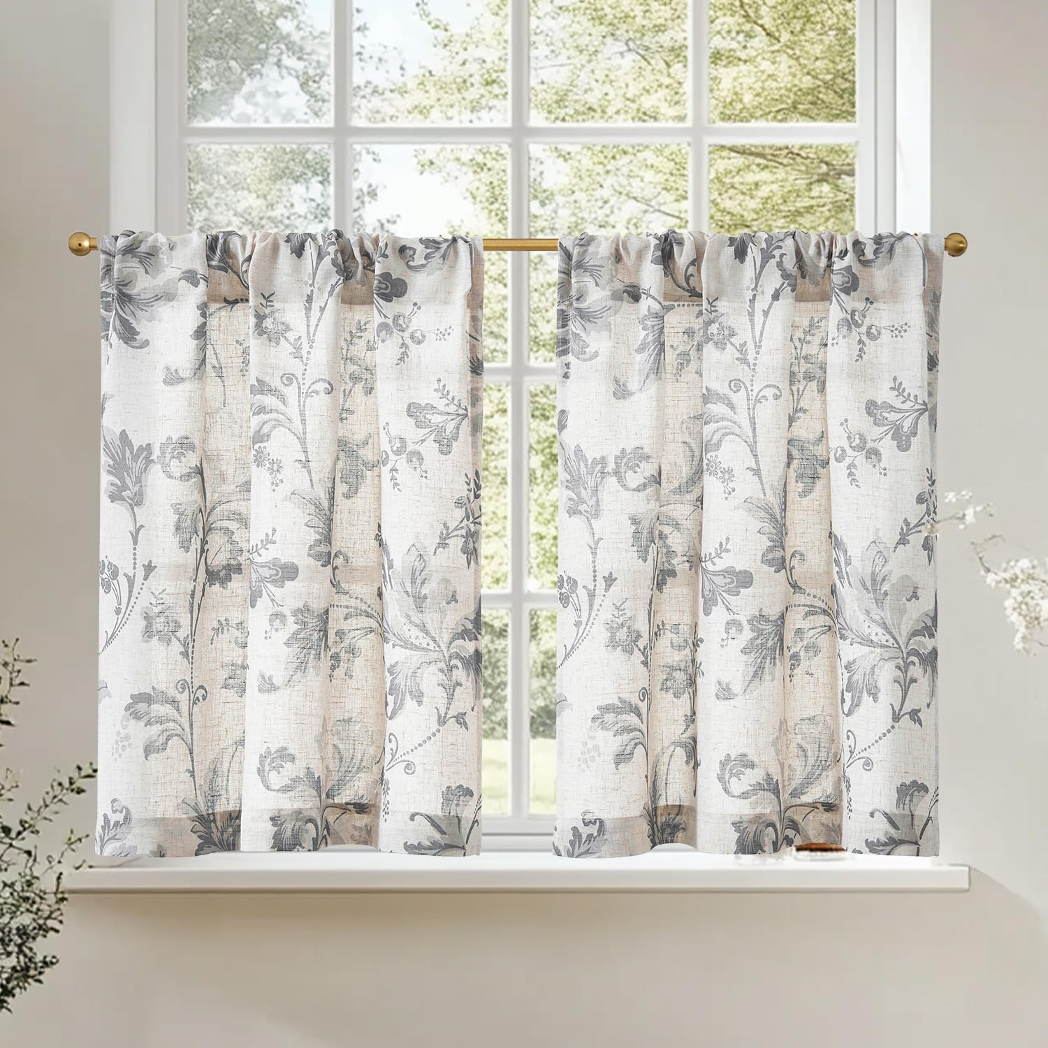 jinchan Linen Kitchen Curtains 24 Inch Vintage Floral Tier Curtains Farmhouse Cottage Cafe Rod Pocket Country Small Window for Laundry Room Bathroom RV 2 Panels Blue on Beige