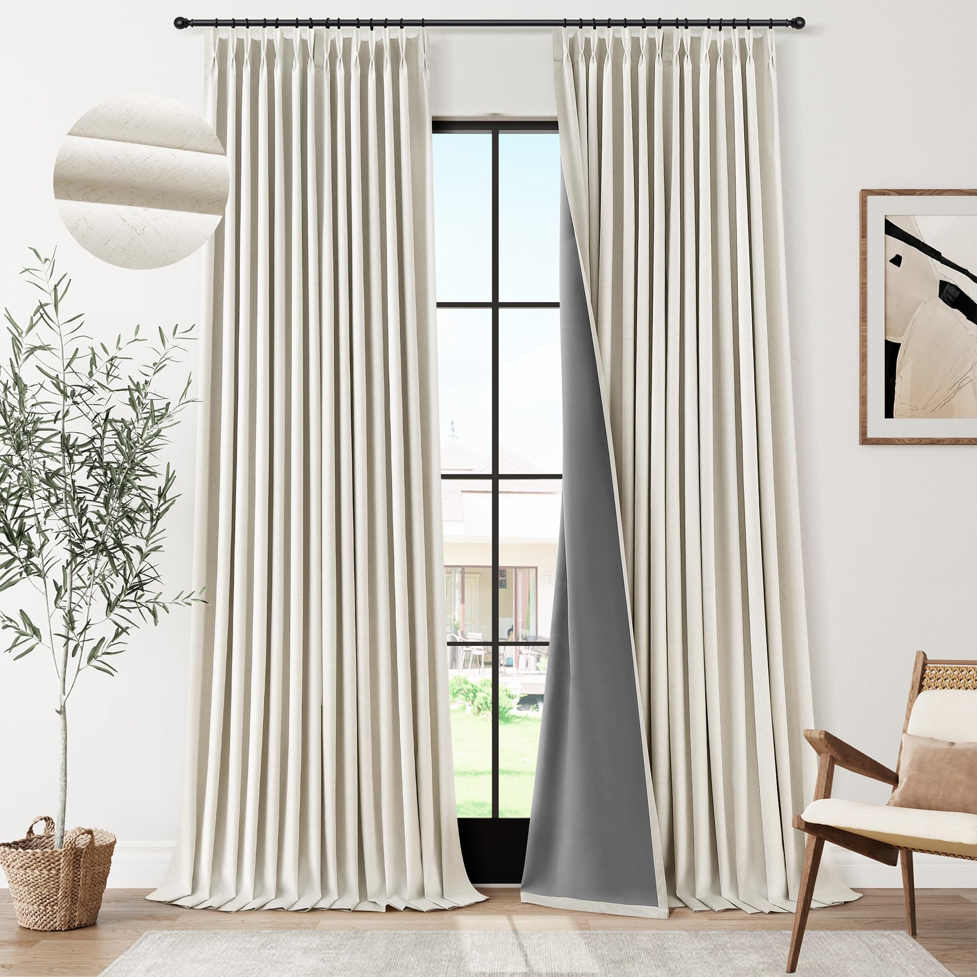 100% Blackout Sage Green Linen Curtains Pinch Pleated Green Blackout Curtains 84 Inches Long for Bedroom Living Room Memory Shaped Thermal Insulated Pinch Pleat Drapes with Hooks Rings Clips 7FT