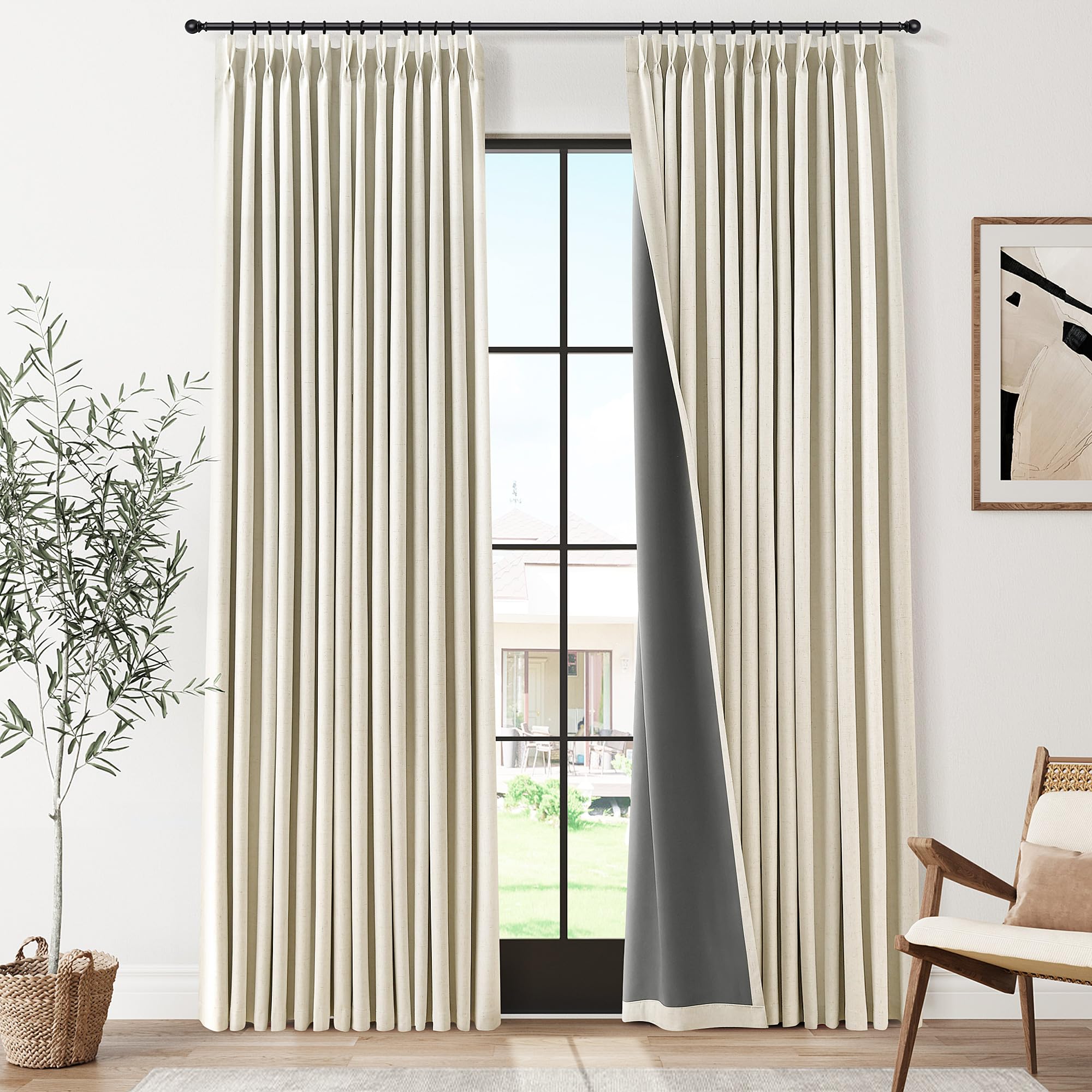 100% Blackout Sage Green Linen Curtains Pinch Pleated Green Blackout Curtains 84 Inches Long for Bedroom Living Room Memory Shaped Thermal Insulated Pinch Pleat Drapes with Hooks Rings Clips 7FT