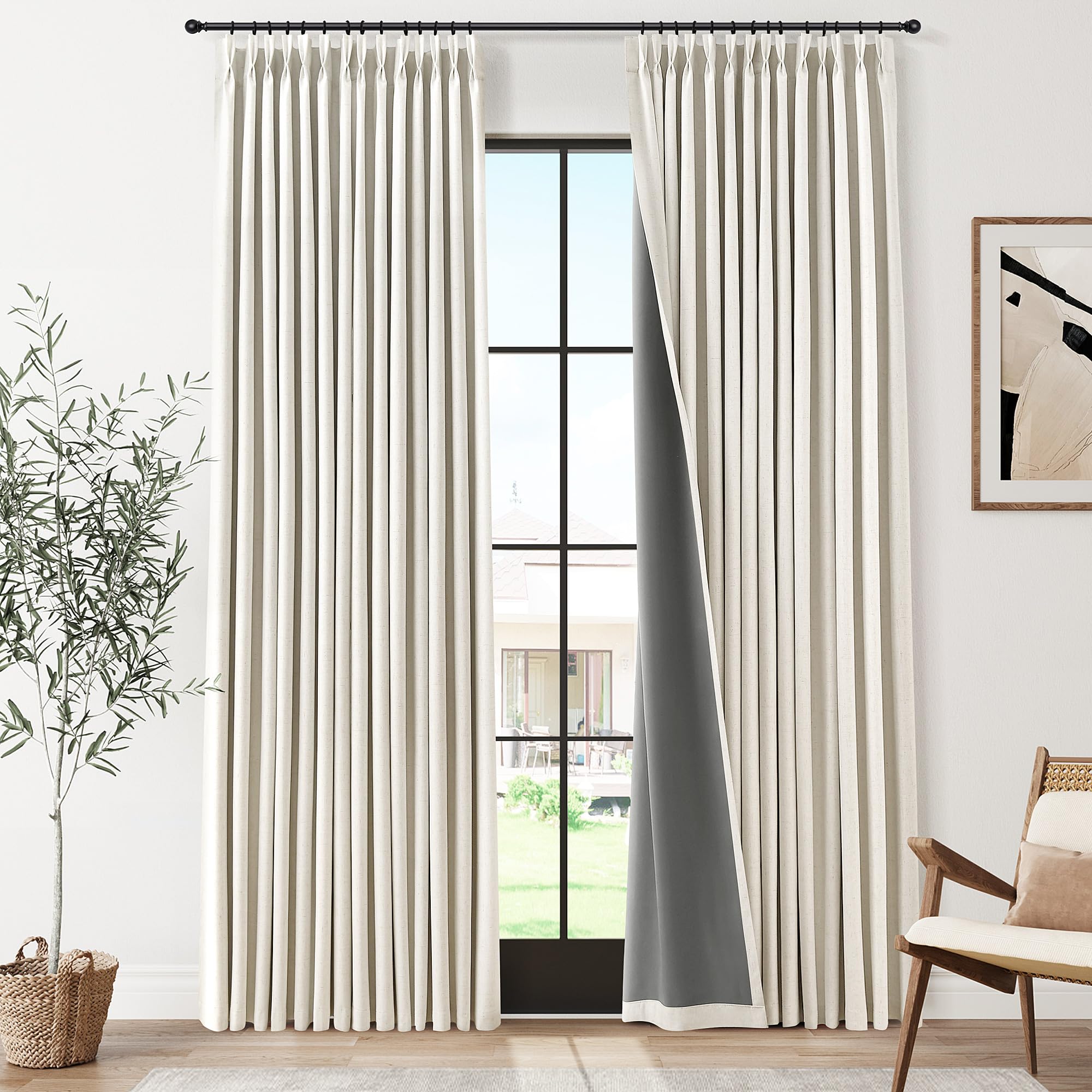 100% Blackout Sage Green Linen Curtains Pinch Pleated Green Blackout Curtains 84 Inches Long for Bedroom Living Room Memory Shaped Thermal Insulated Pinch Pleat Drapes with Hooks Rings Clips 7FT