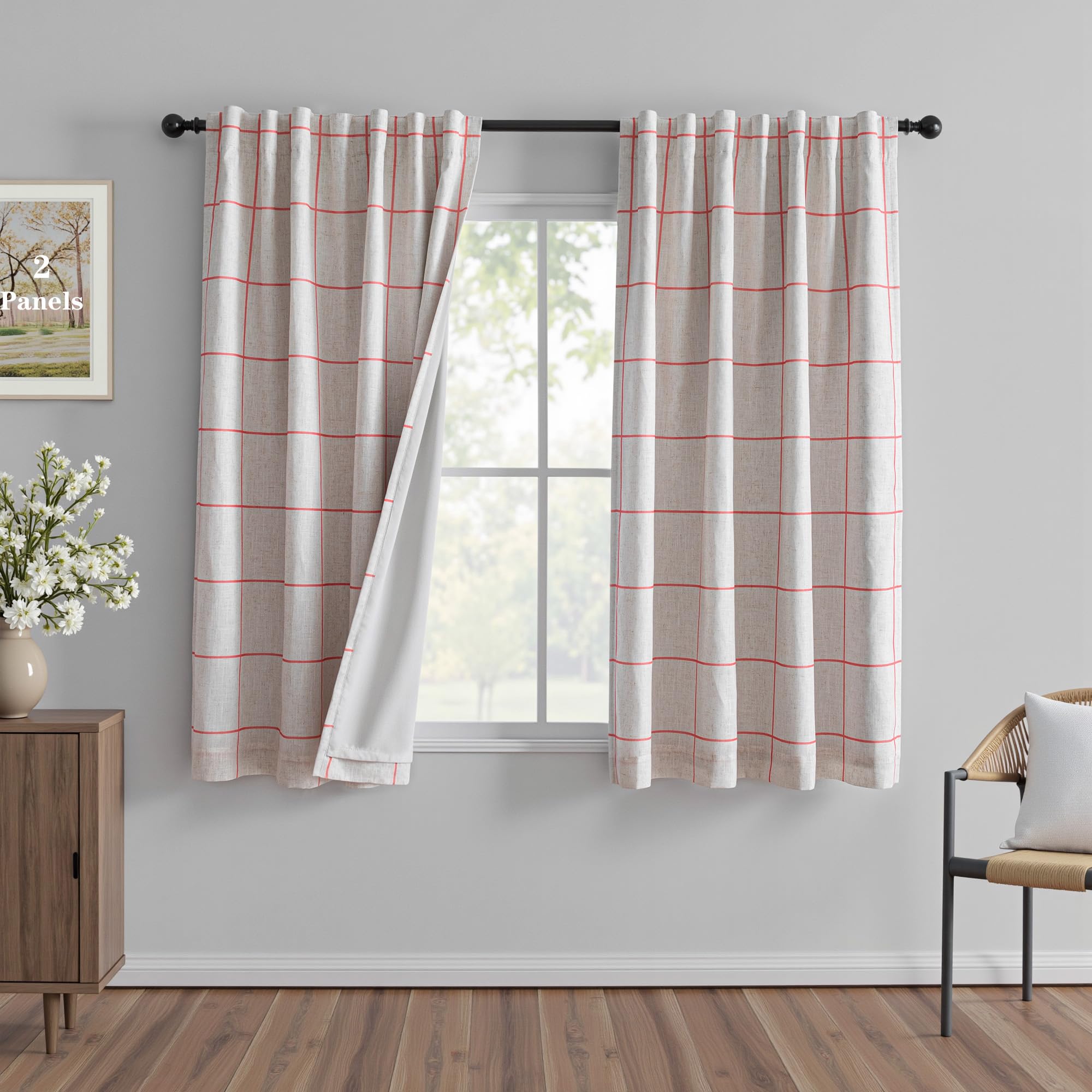 MYSKY HOME 100% Blackout Plaid Farmhouse Linen Curtains 84 Inch Long 2 Panels Set for Living Room Double Layer Windowpane Drapes Thermal Insulated Privacy Protection Rod Pocket Back Tab, 52" W, Black